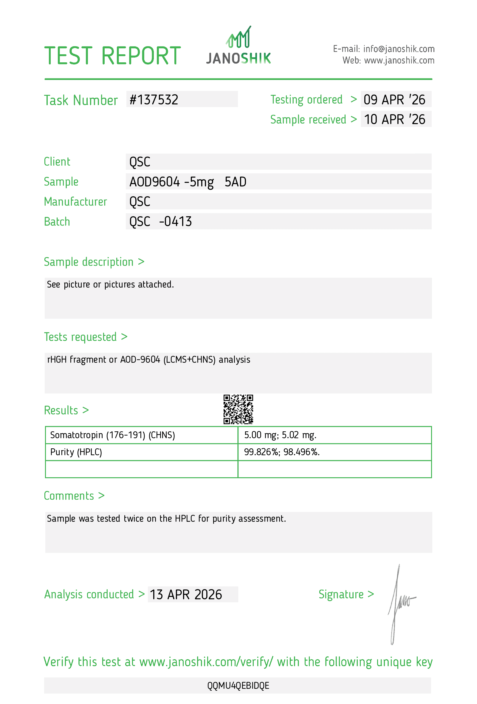 AOD-9604 5mg | 20-Vial Kit | HGH Fragment - Janoshik test report