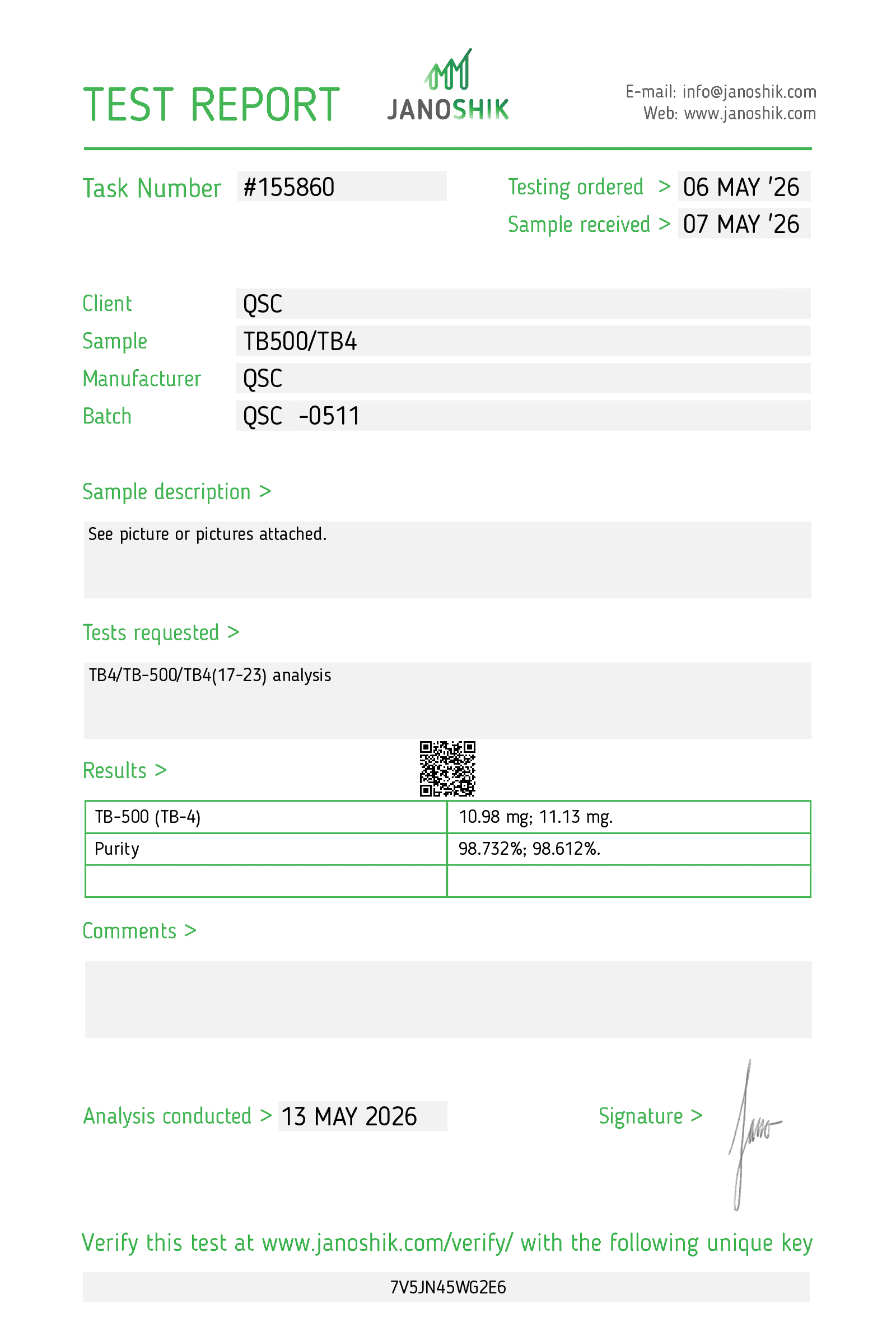 TB-500 10mg | 10-Vial Kit | Thymosin Beta-4 - Janoshik test report