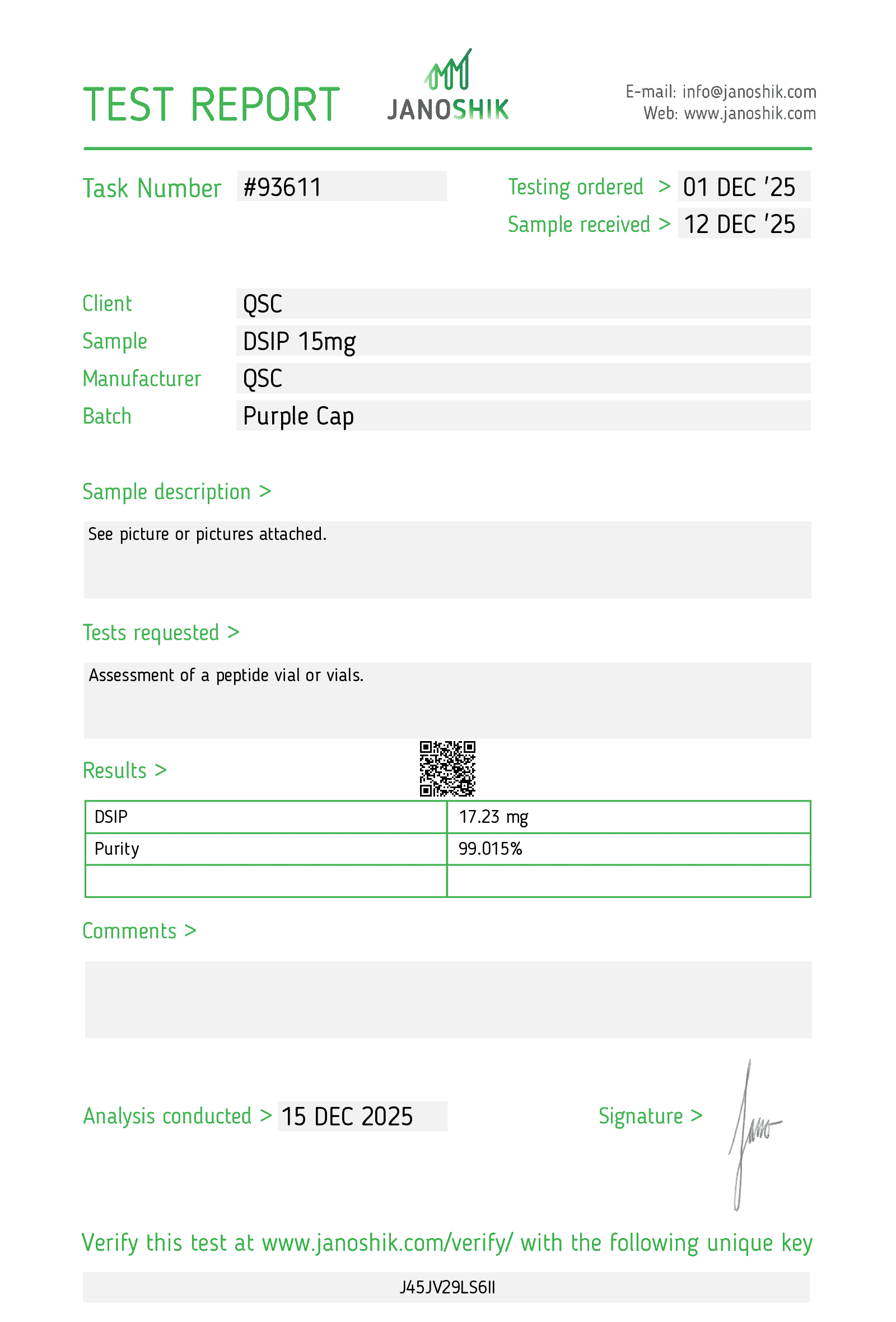DSIP 15mg | 20-Vial Kit | Sleep Peptide Kit - Janoshik test report