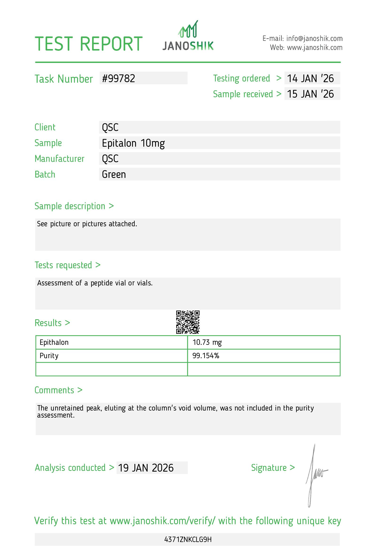 Epitalon 10mg | 10-Vial Kit | Telomerase Activator - Janoshik test report