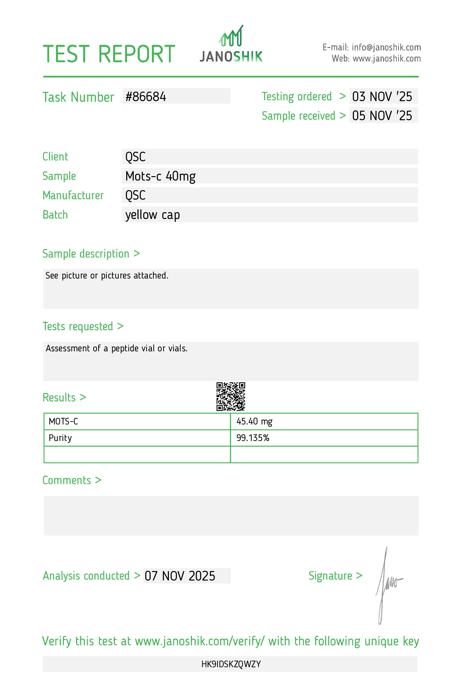 MOTS-c 40mg | 20-Vial Kit | Metabolic Regulator - Janoshik test report