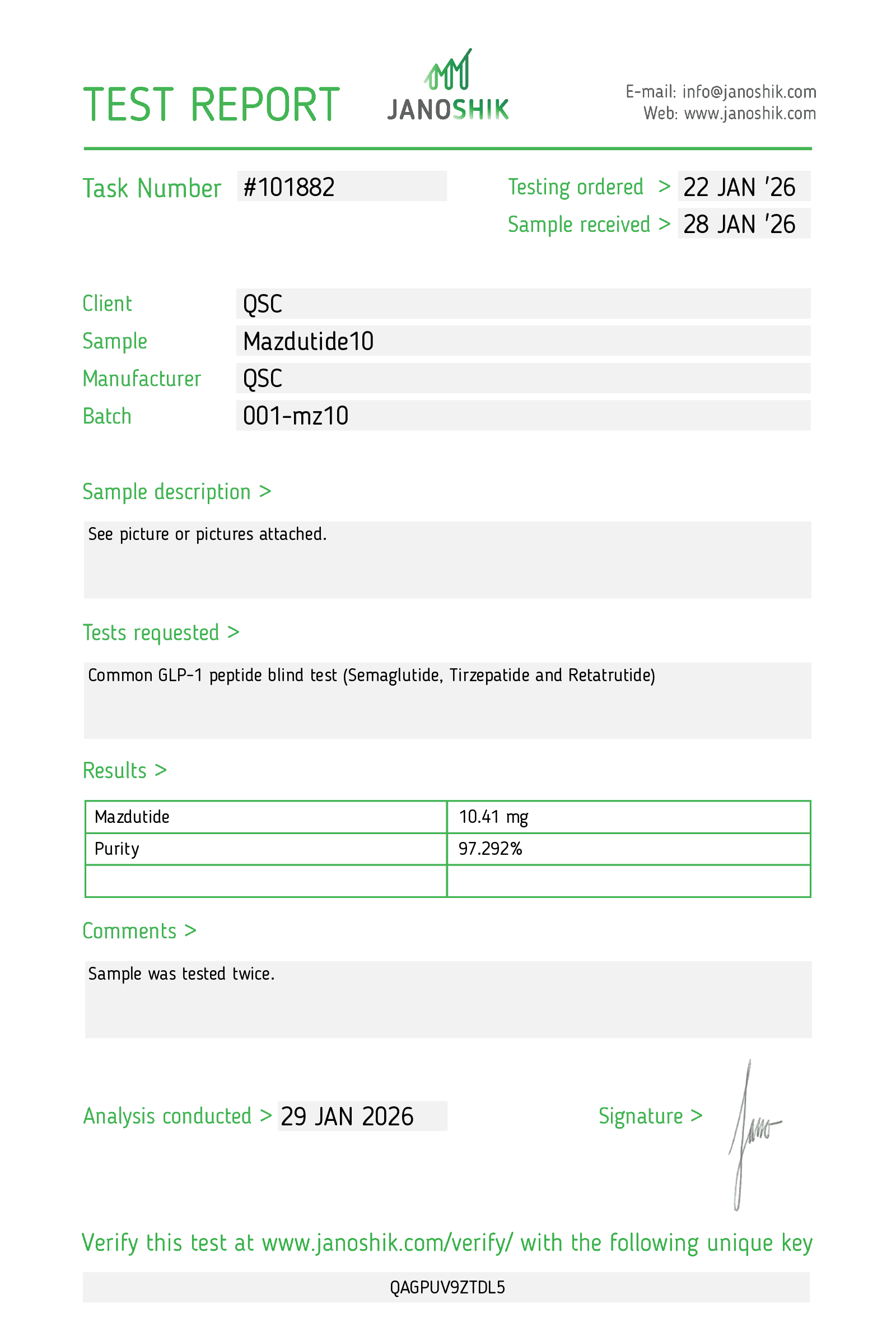 Mazdutide 10mg | 20-Vial Kit | GLP-1/Glucagon Dual Agonist - Janoshik test report