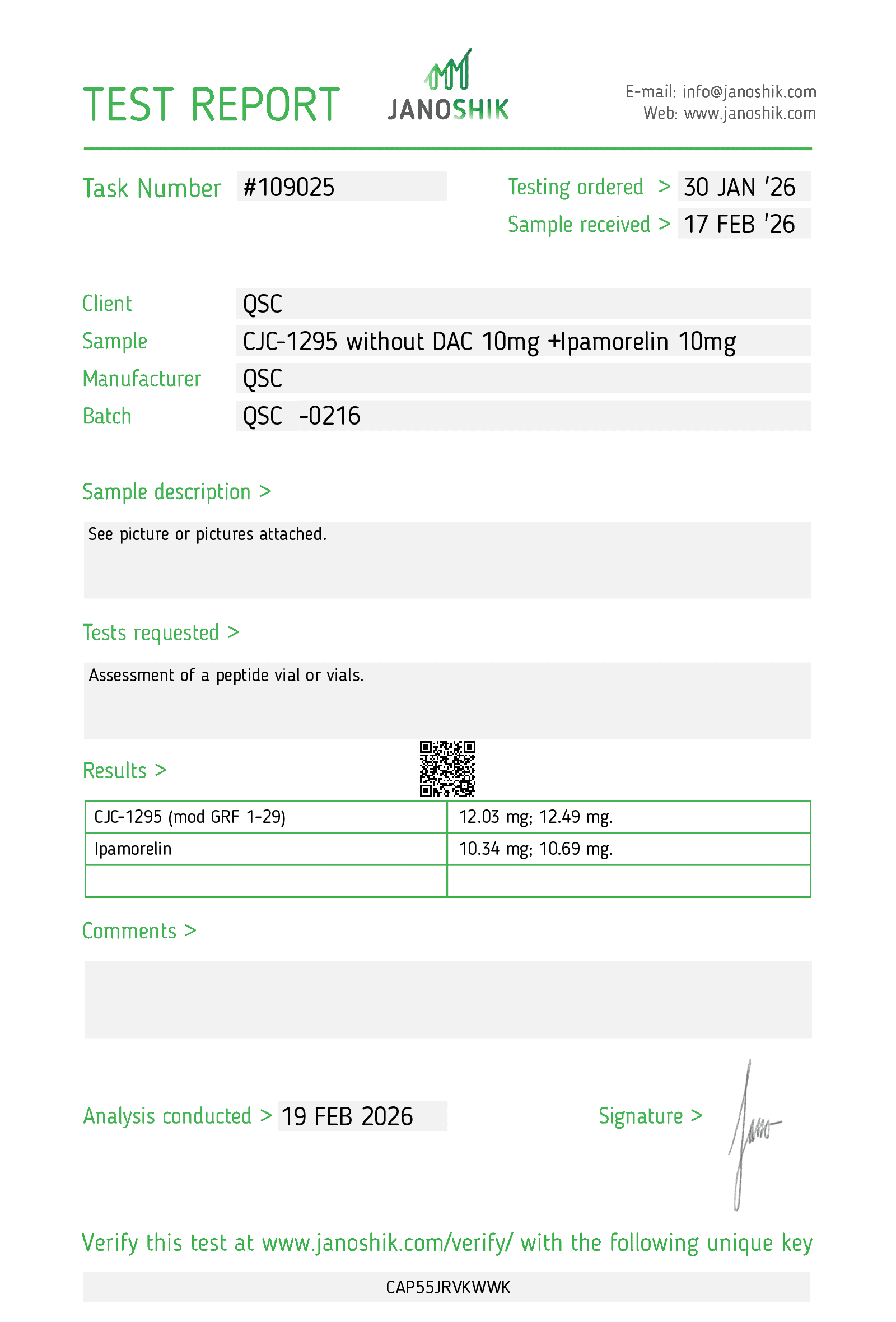 CJC-1295 (No DAC) + Ipamorelin Blend 20mg | 20-Vial Kit | GH Stack - Janoshik test report