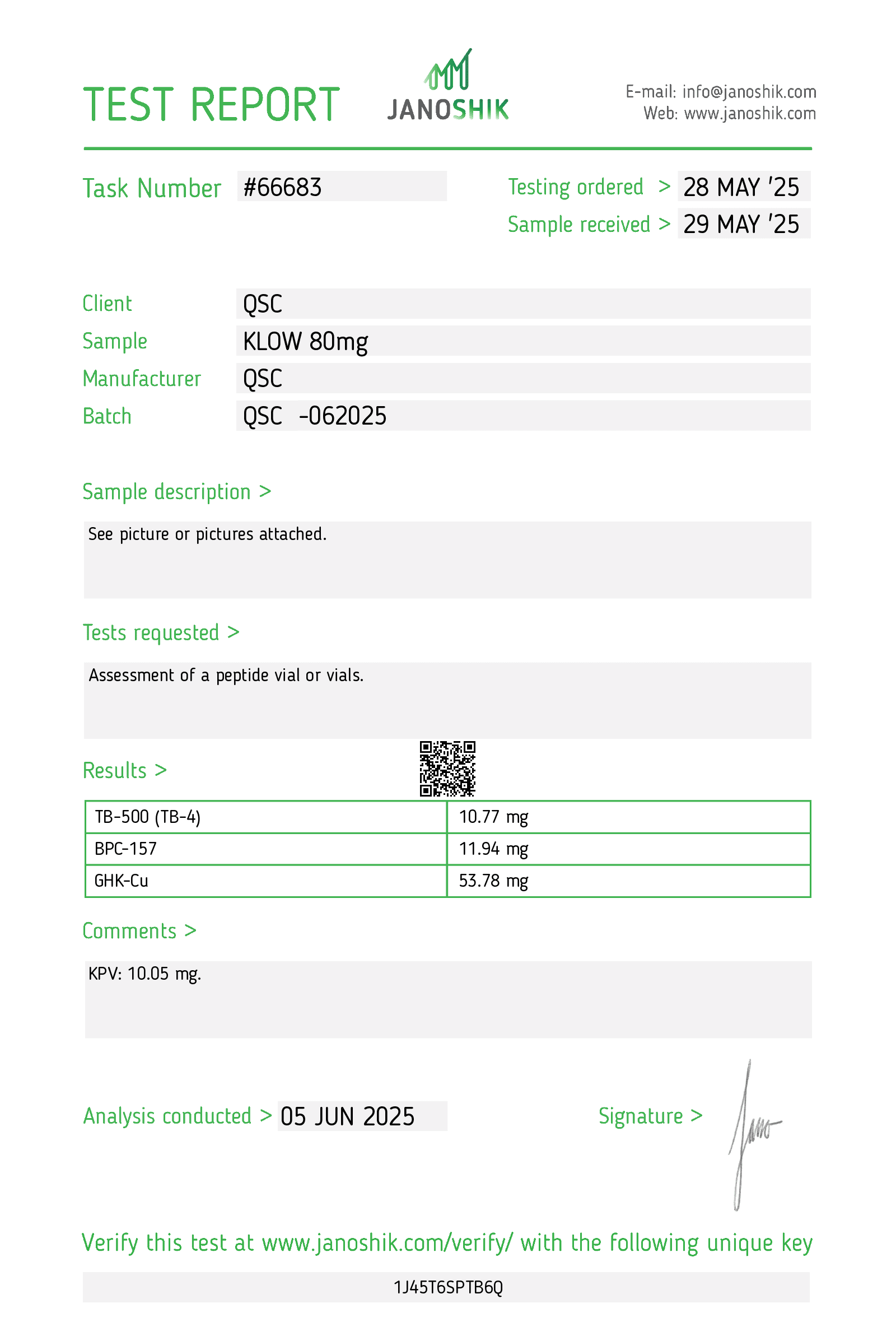 Klow-80 Blend 80mg | 10-Vial Kit | Metabolic Stack - Janoshik test report