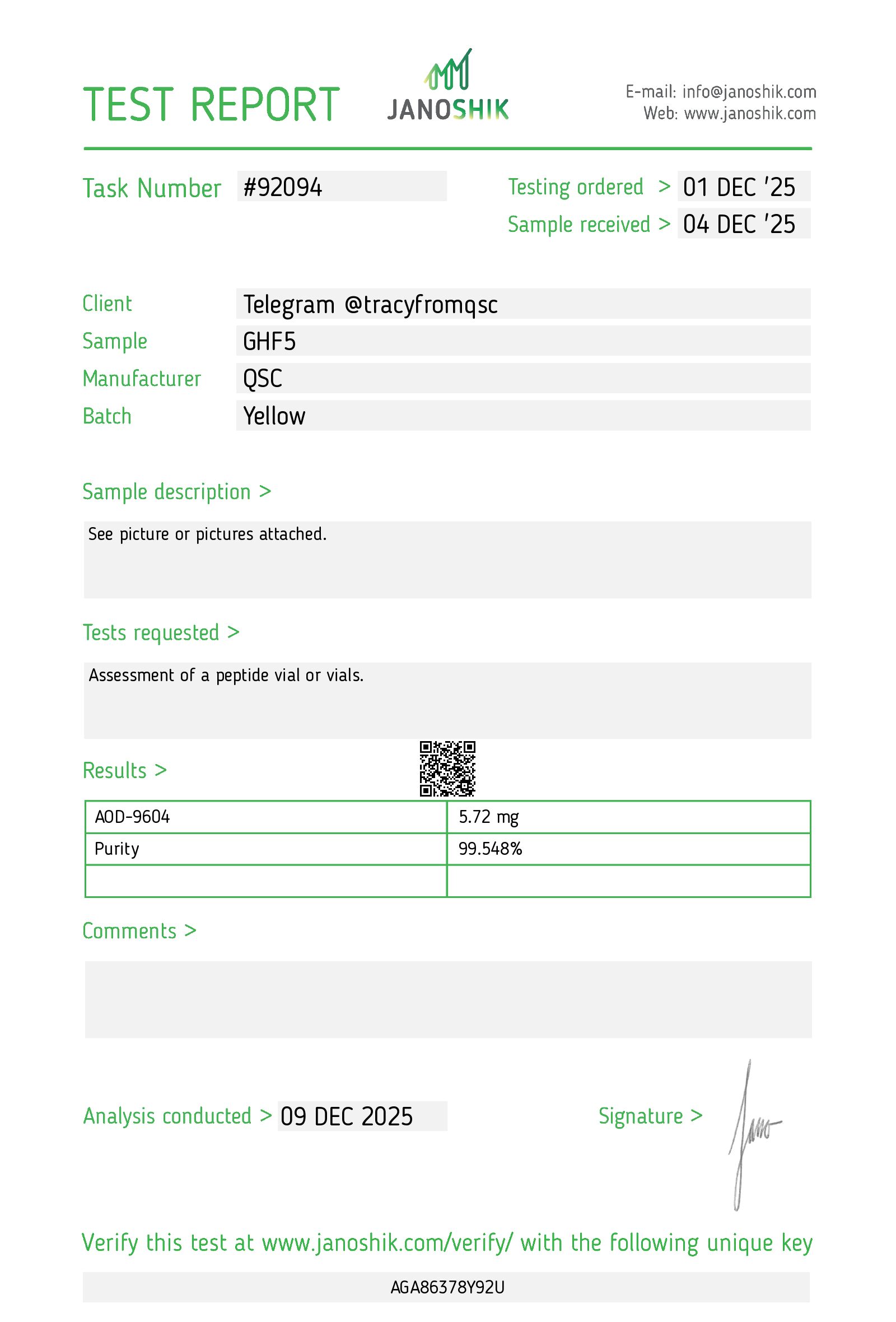 HGH Fragment 176-191 5mg | 20-Vial Kit | Lipolytic Peptide - Janoshik test report