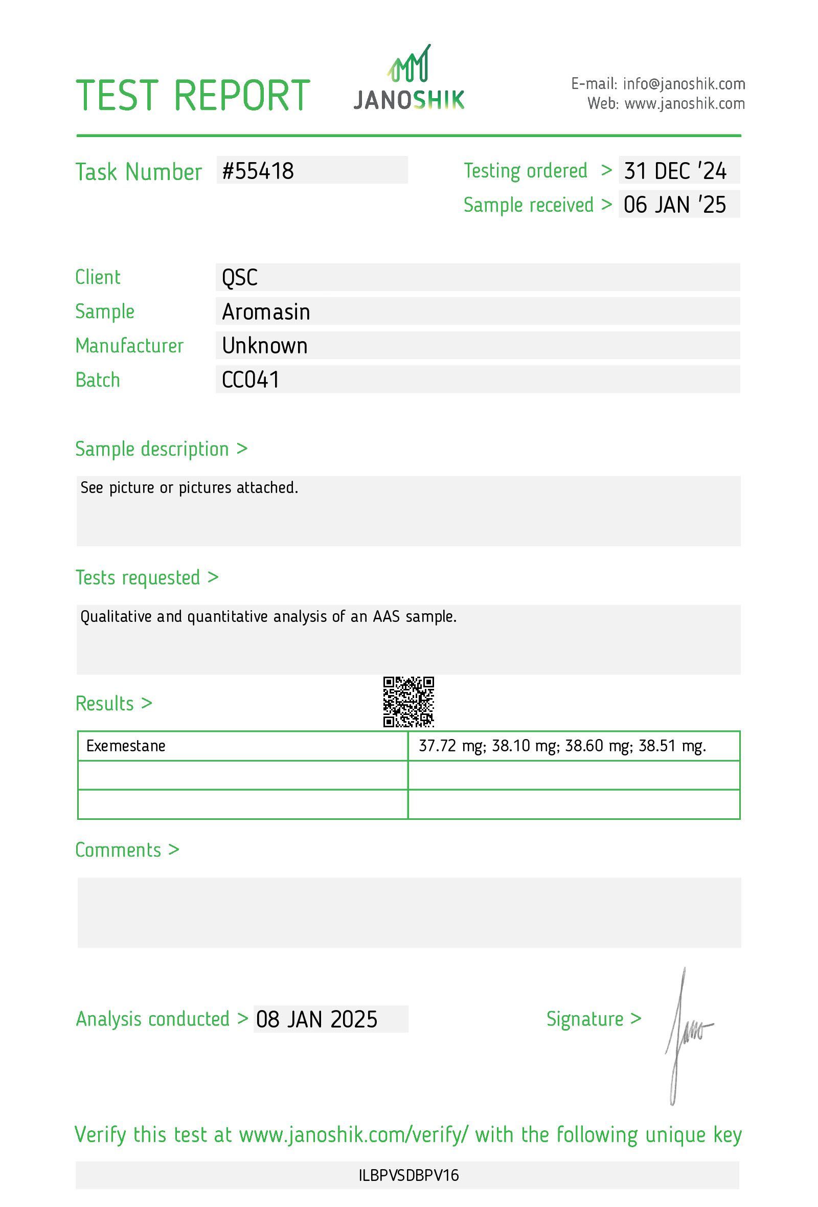 Exemestane 37.5mg Tablets | 100-Count | Steroidal Aromatase Inhibitor | Aromasin - Janoshik test report