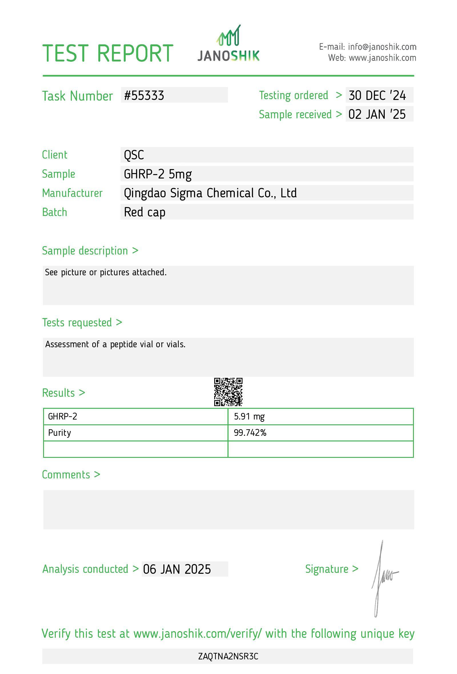 GHRP-2 5mg | 20-Vial Kit | Growth Hormone Secretagogue - Janoshik test report