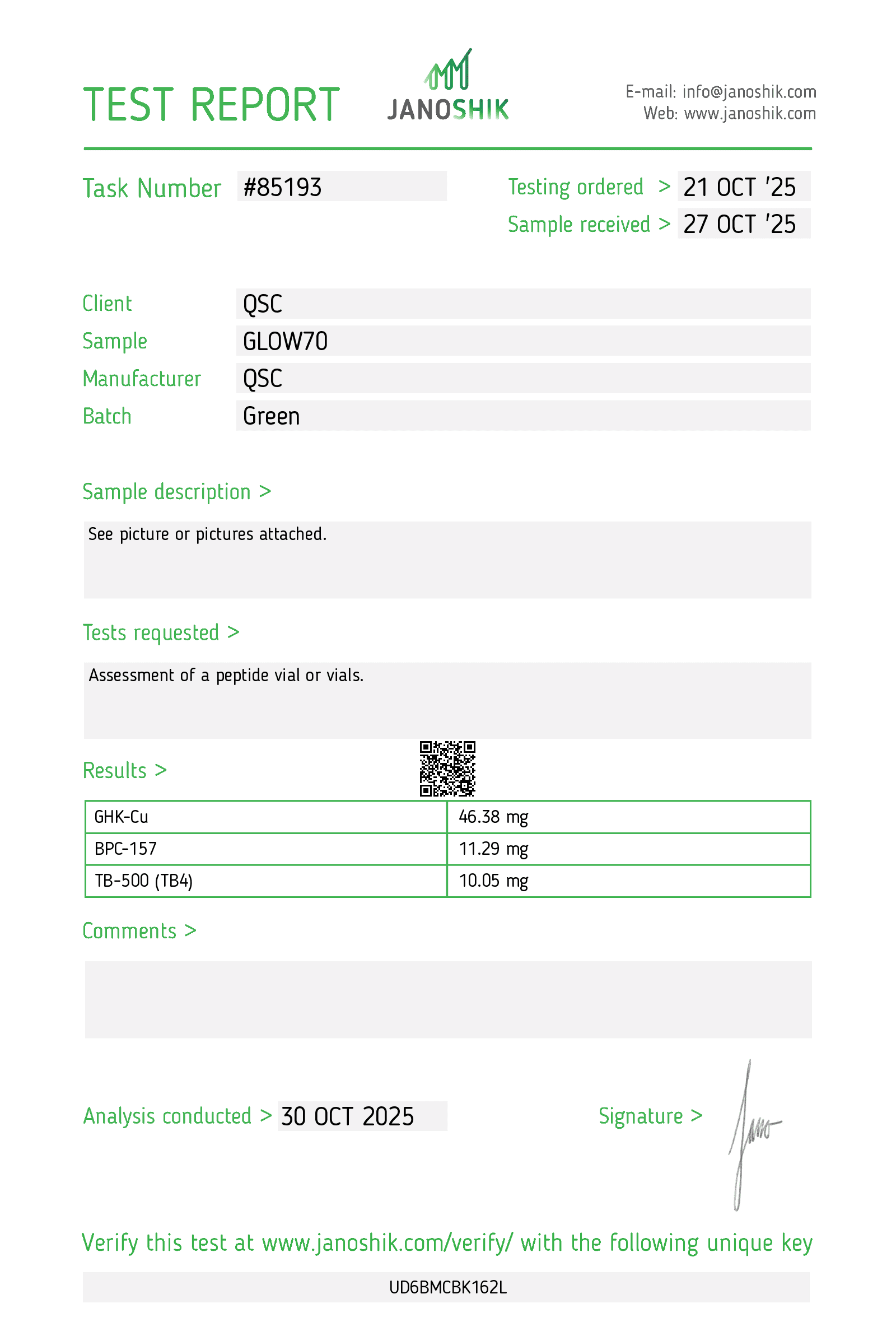 Glow-70 Blend 70mg | 20-Vial Kit | Skin & Beauty Stack - Janoshik test report