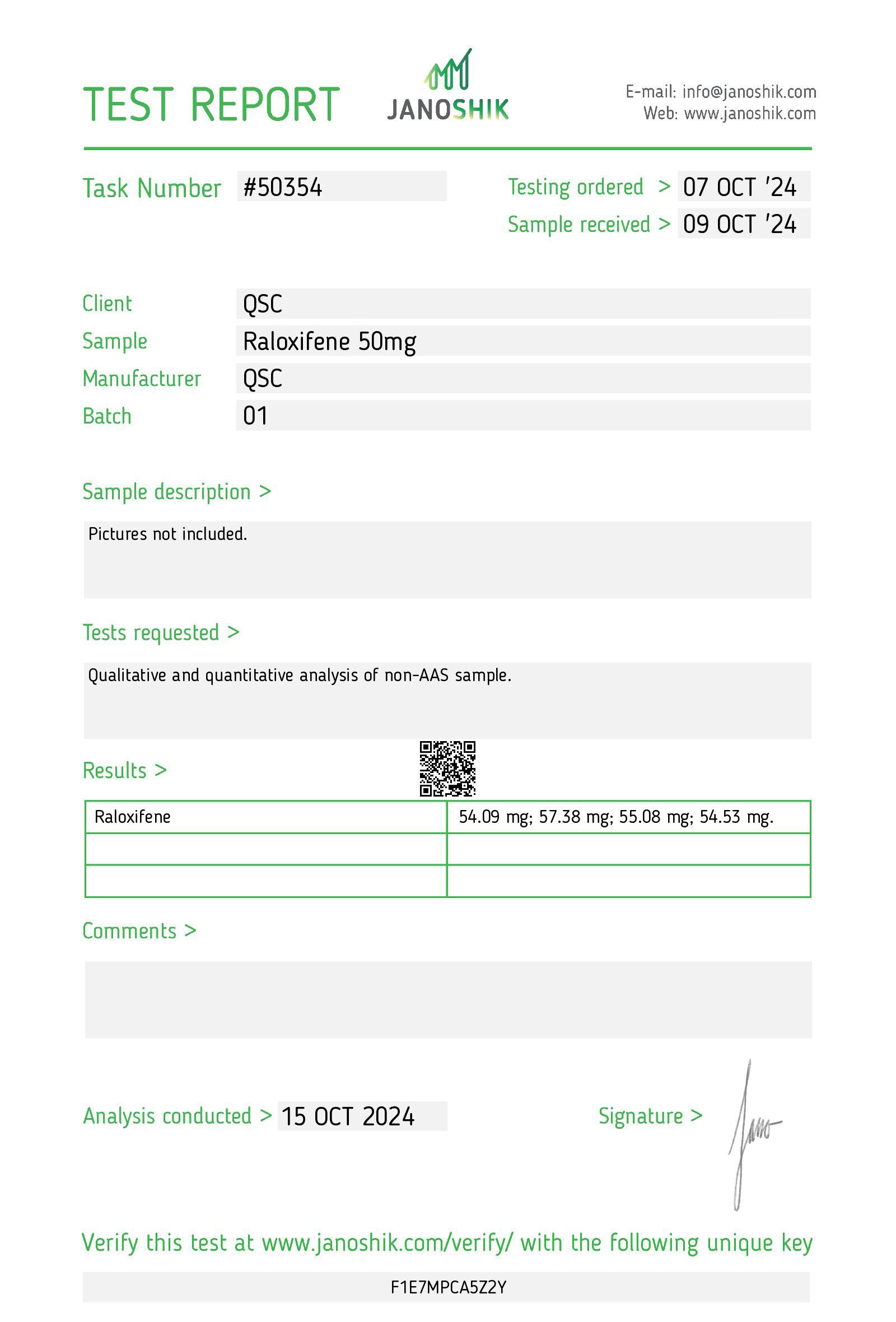 Raloxifene 50mg Tablets | 100-Count | SERM - Janoshik test report