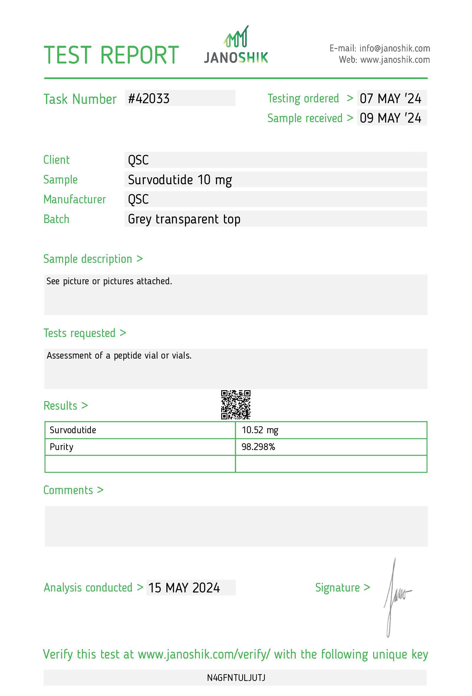 Survodutide 10mg | 20-Vial Kit | Dual GLP-1/Glucagon Kit - Janoshik test report