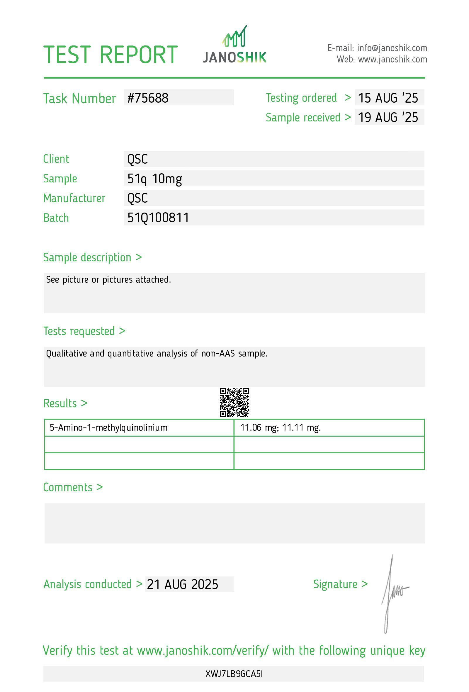 5-Amino-1MQ 10mg | 20-Vial Kit | NNMT Inhibitor - Janoshik test report