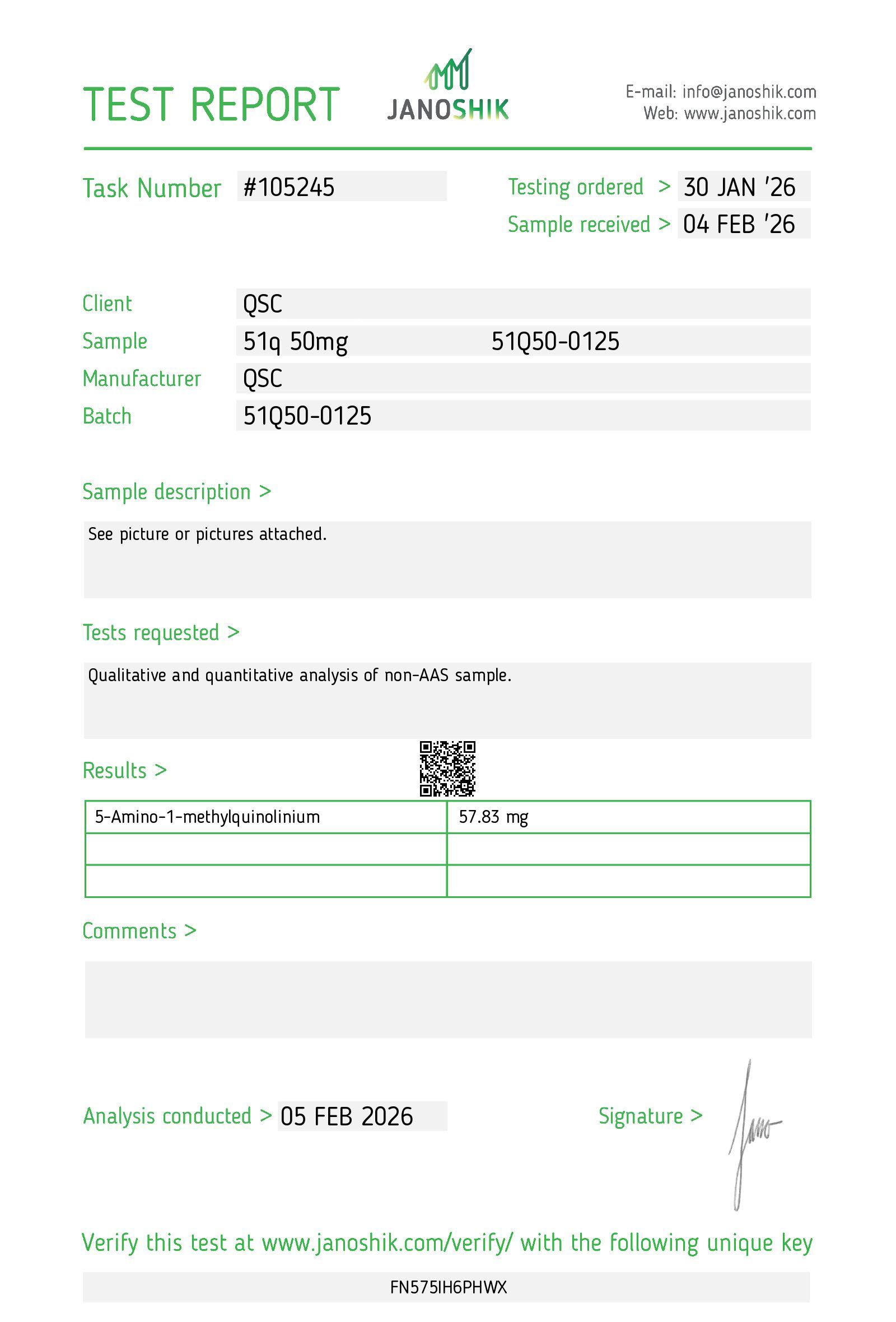 5-Amino-1MQ 50mg | 20-Vial Kit | NNMT Inhibitor - Janoshik test report
