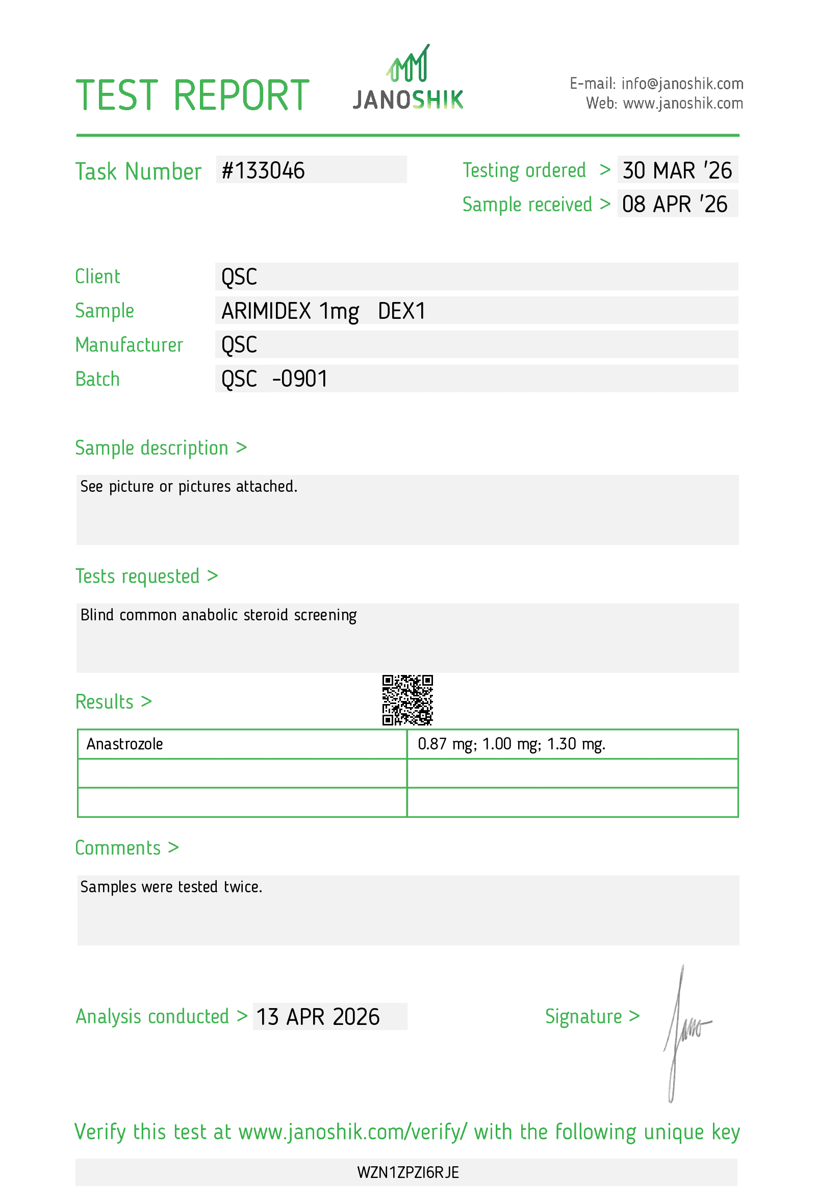 Arimidex 1mg Tablets | 100-Count | Anastrozole | AI - Janoshik test report