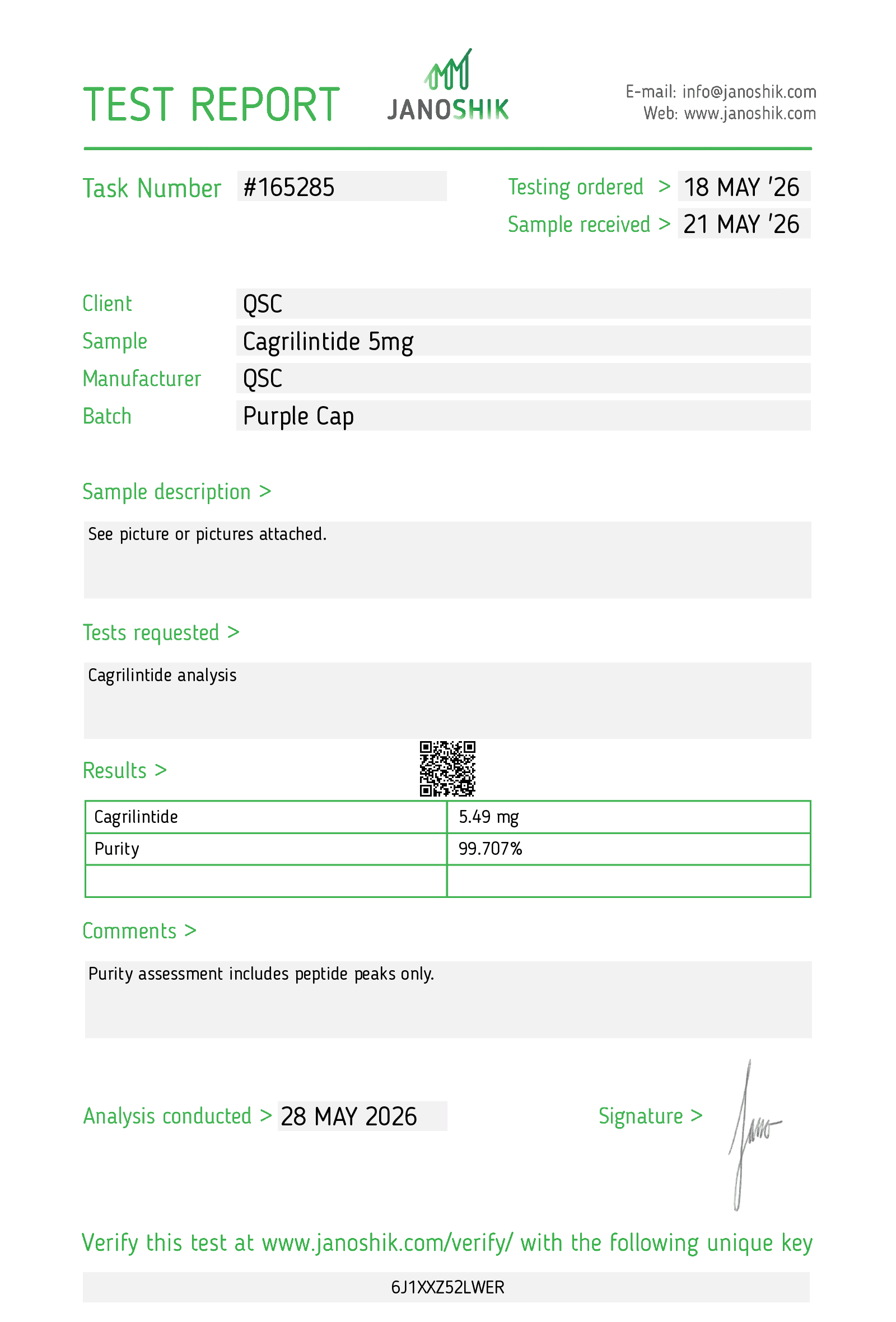 Cagrilintide 5mg | 20-Vial Kit | Appetite Regulation - Janoshik test report