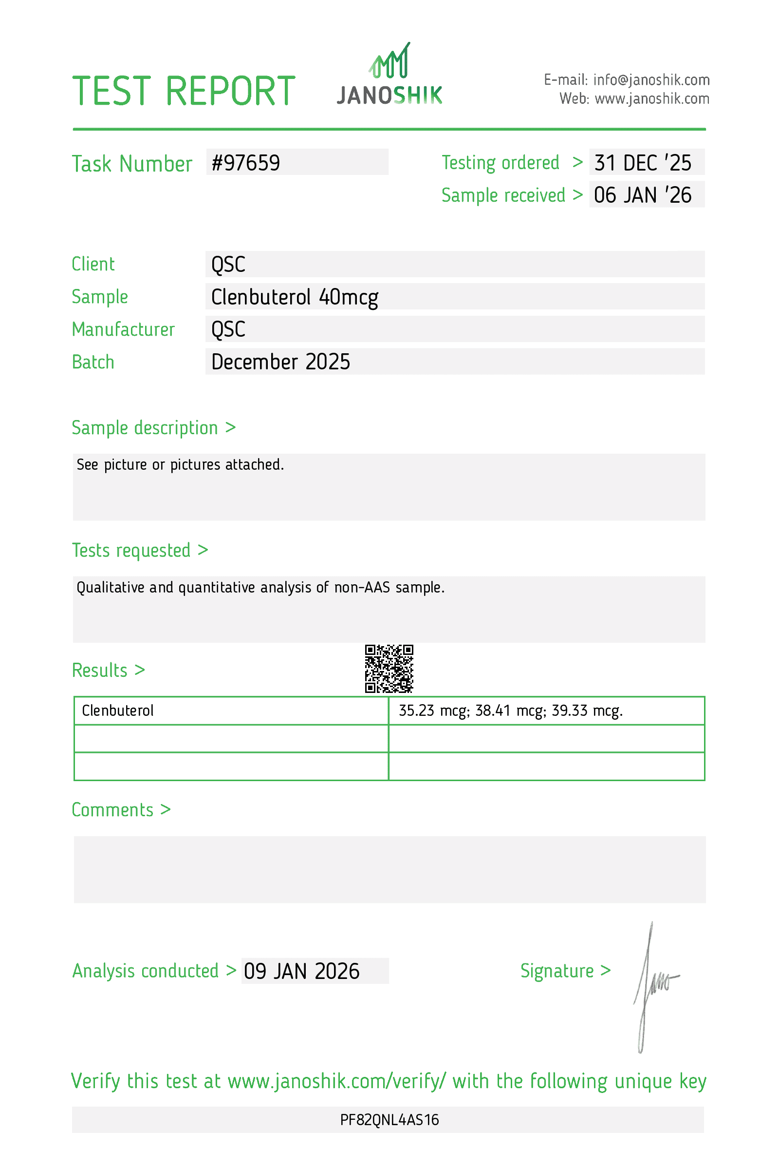 Clenbuterol 40mcg Tablets | 100-Count | Clenbuterol HCl - Janoshik test report
