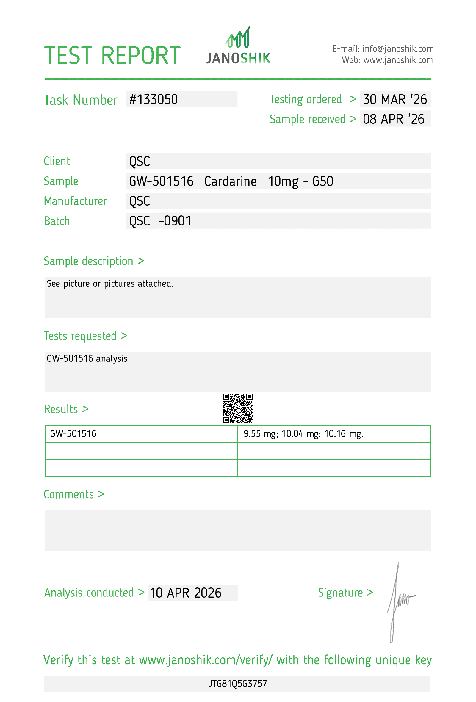 GW501516 Cardarine 10mg Tablets | 100-Count | Cardarine | PPARdelta - Janoshik test report