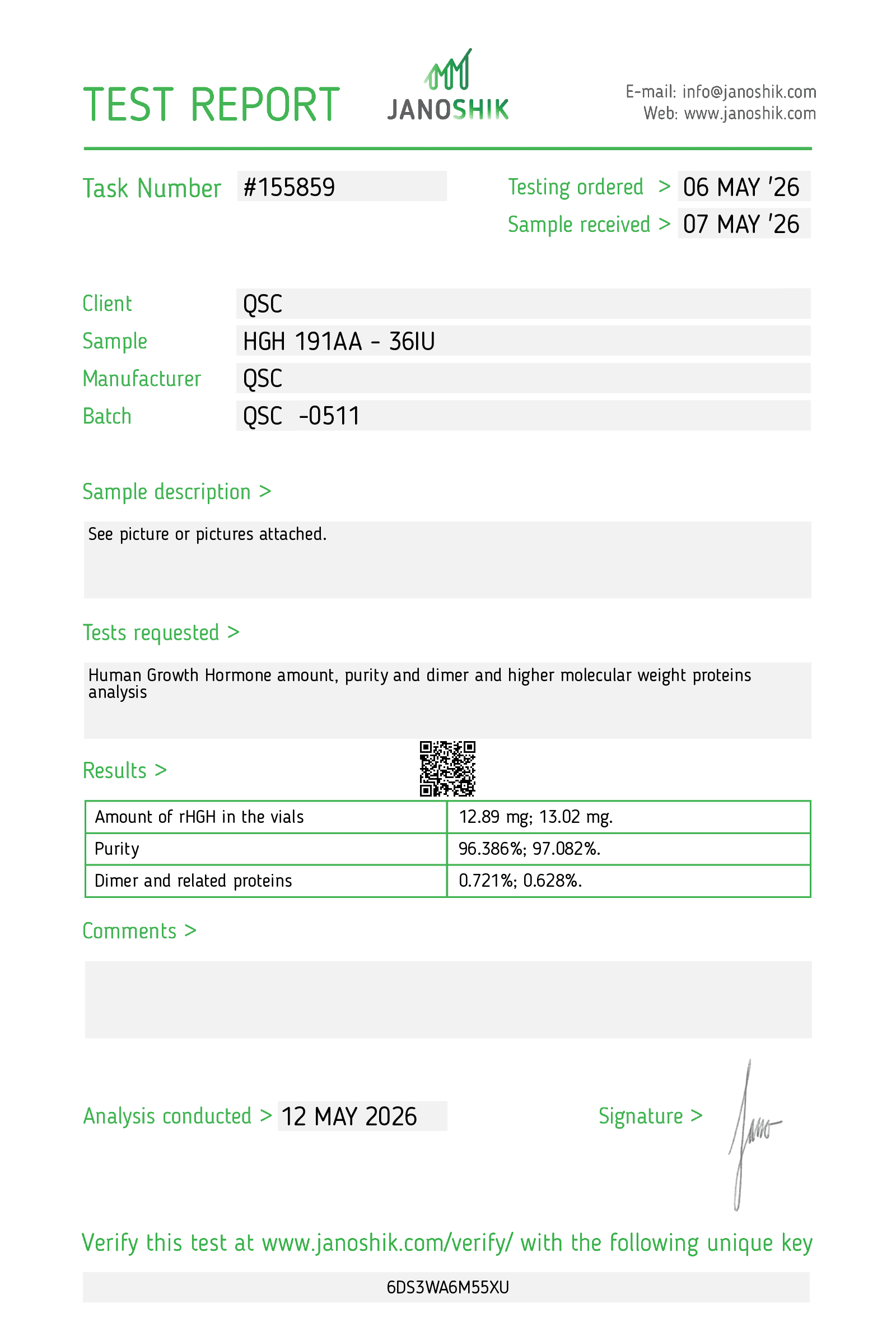 HGH 36 IU | 20-Vial Kit | 720 IU total | Human Growth Hormone Research - Janoshik test report