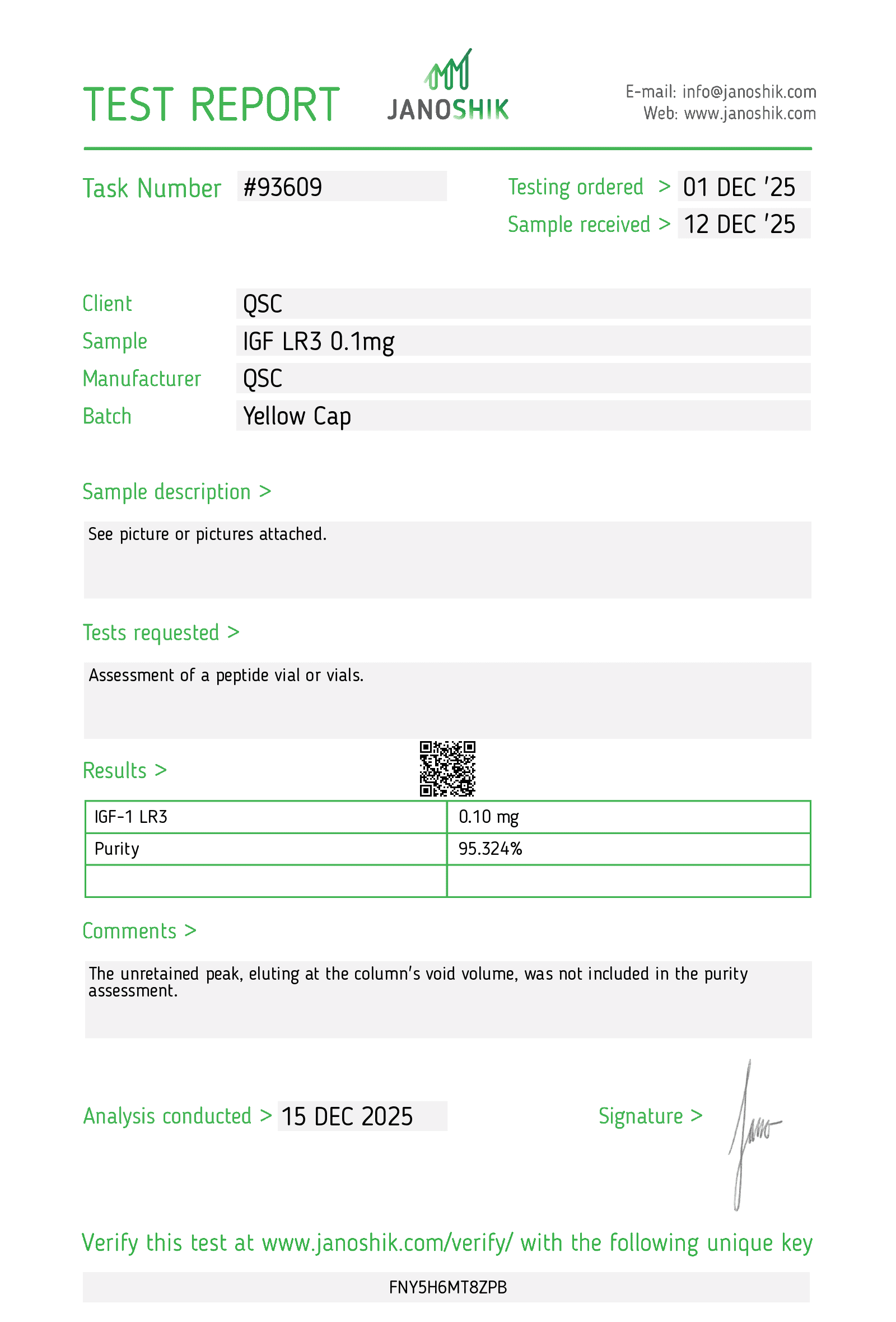 IGF-1 LR3 0.1mg | 10-Vial Kit | 1mg Total | Muscle Growth Peptide - Janoshik test report