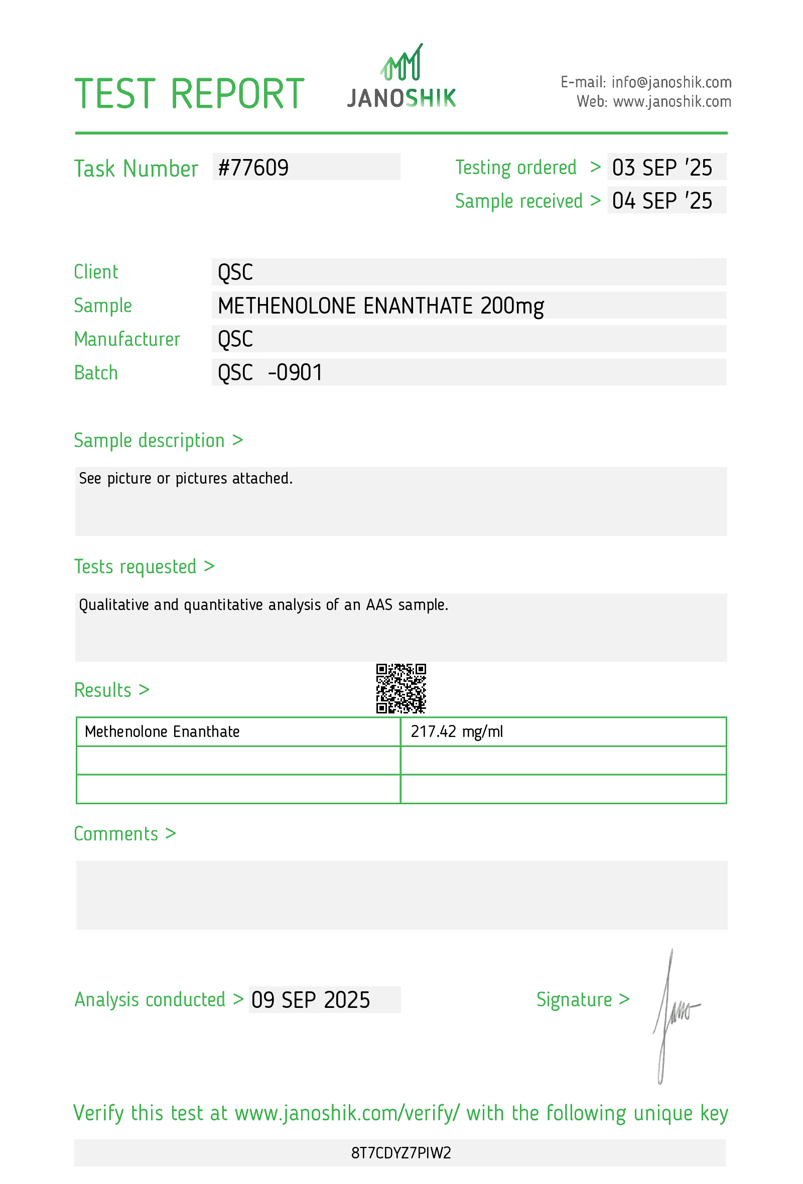 Primobolan Enanthate 200mg/mL Injectable | 10-Vial Kit - Janoshik test report