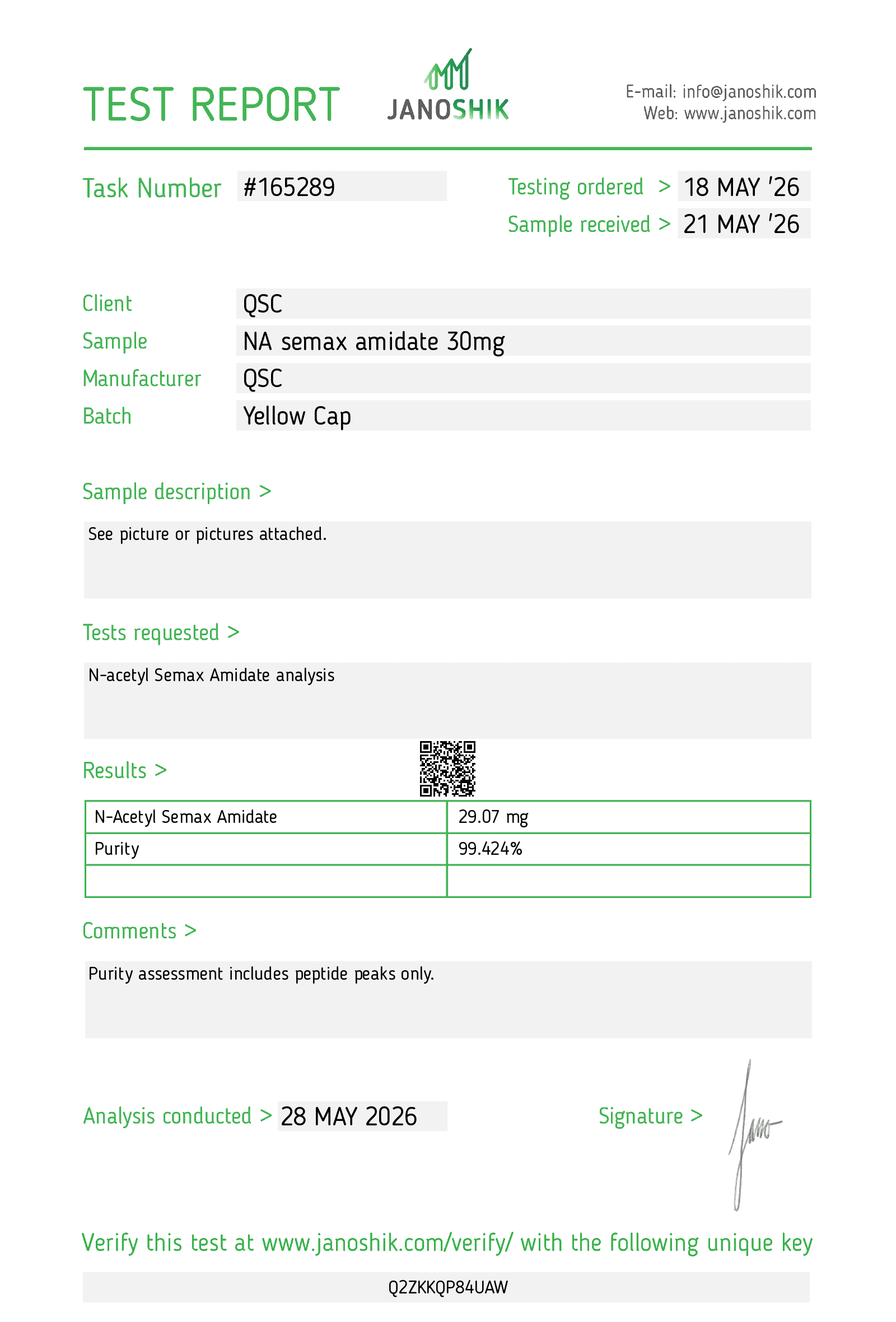 NA-Semax Amidate 30mg | 10-Vial Kit | 300mg Total | N-Acetylated Semax Derivative - Janoshik test report