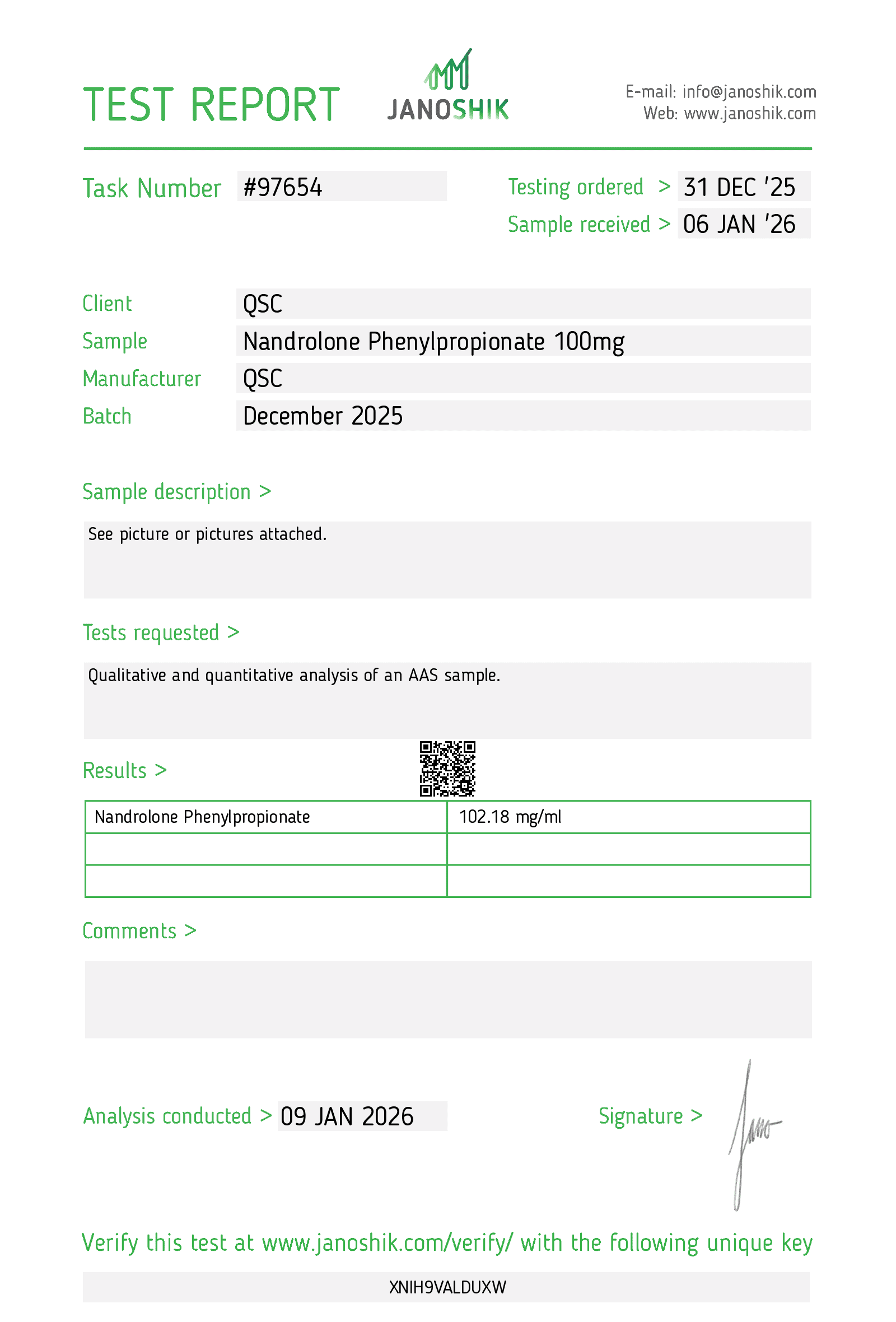 Nandrolone Phenylpropionate (NPP) 100mg/mL Injectable | 10-Vial Kit - Janoshik test report
