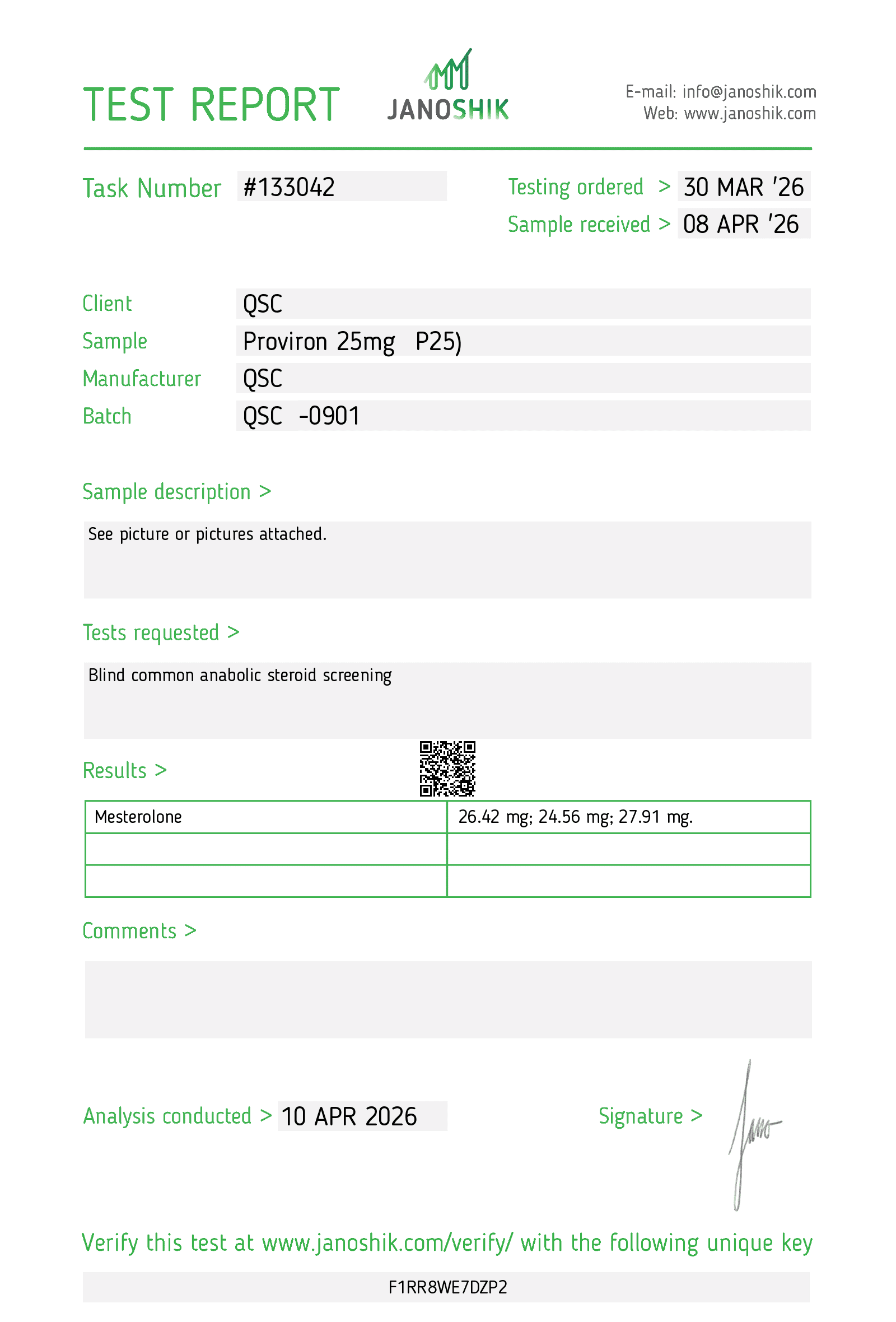Proviron 25mg Tablets | 100-Count | Mesterolone - Janoshik test report