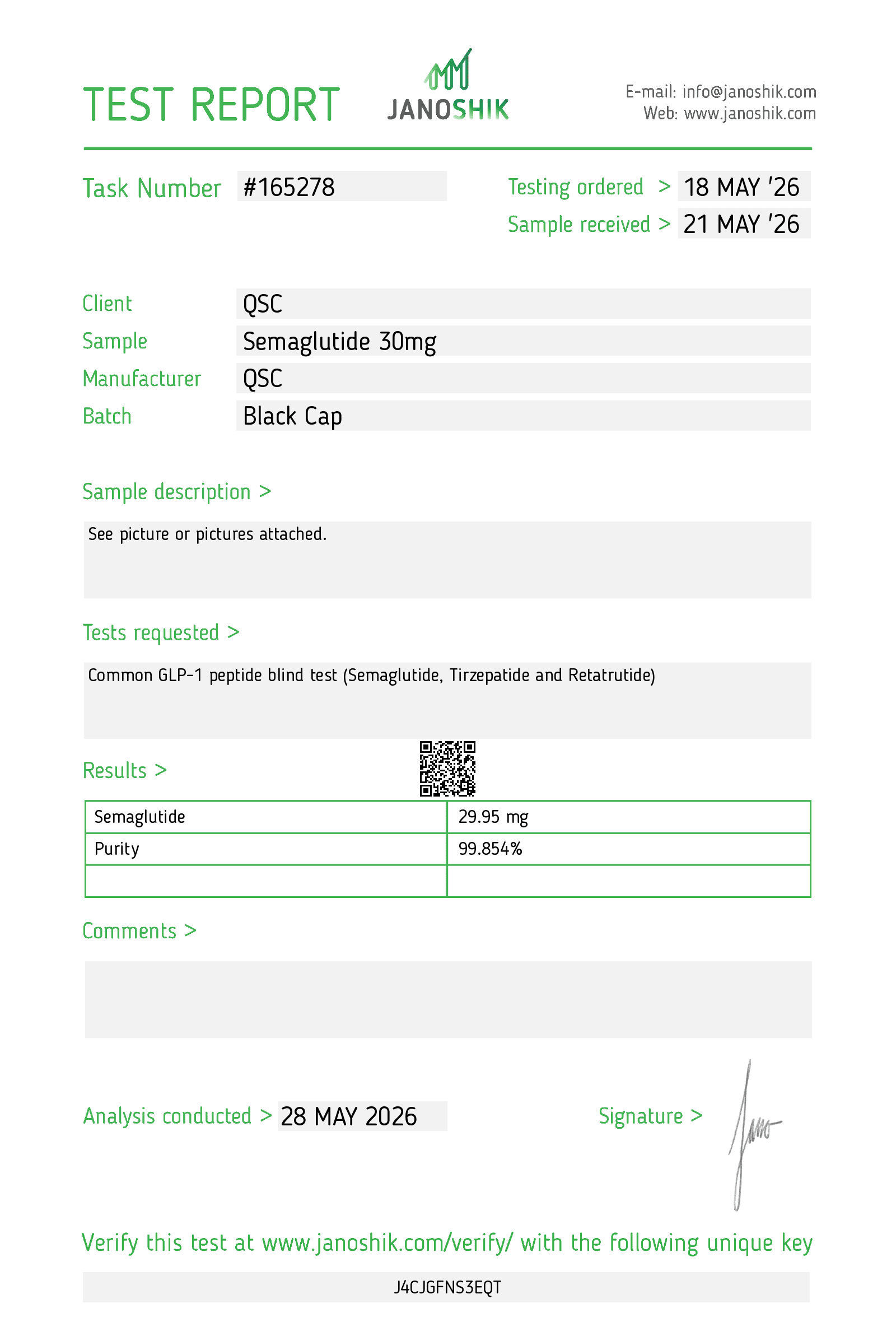 Semaglutide 30mg | 10-Vial Kit | 300mg Total | GLP-1 Receptor Agonist - Janoshik test report