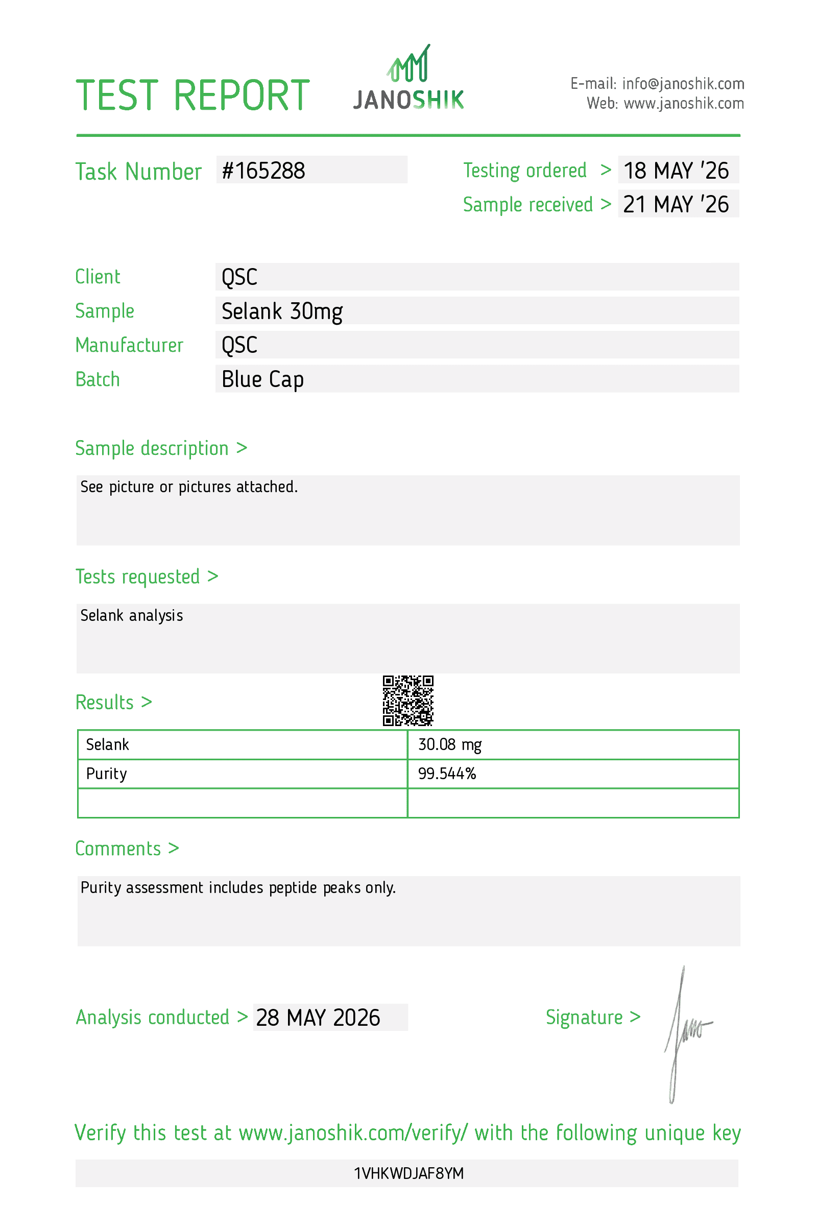 Selank 30mg | 10-Vial Kit | 300mg Total | Anxiolytic Neuropeptide - Janoshik test report