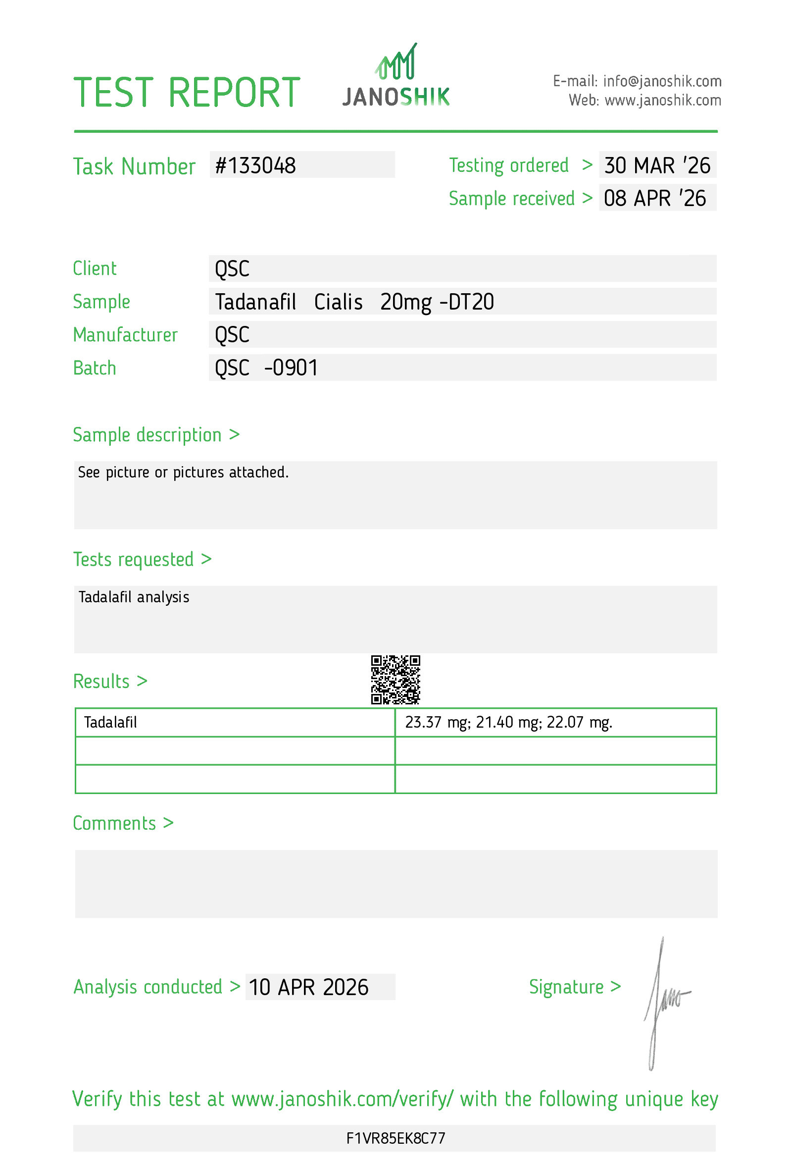 Tadalafil 20mg Tablets | 100-Count | PDE5 Inhibitor | Cialis - Janoshik test report