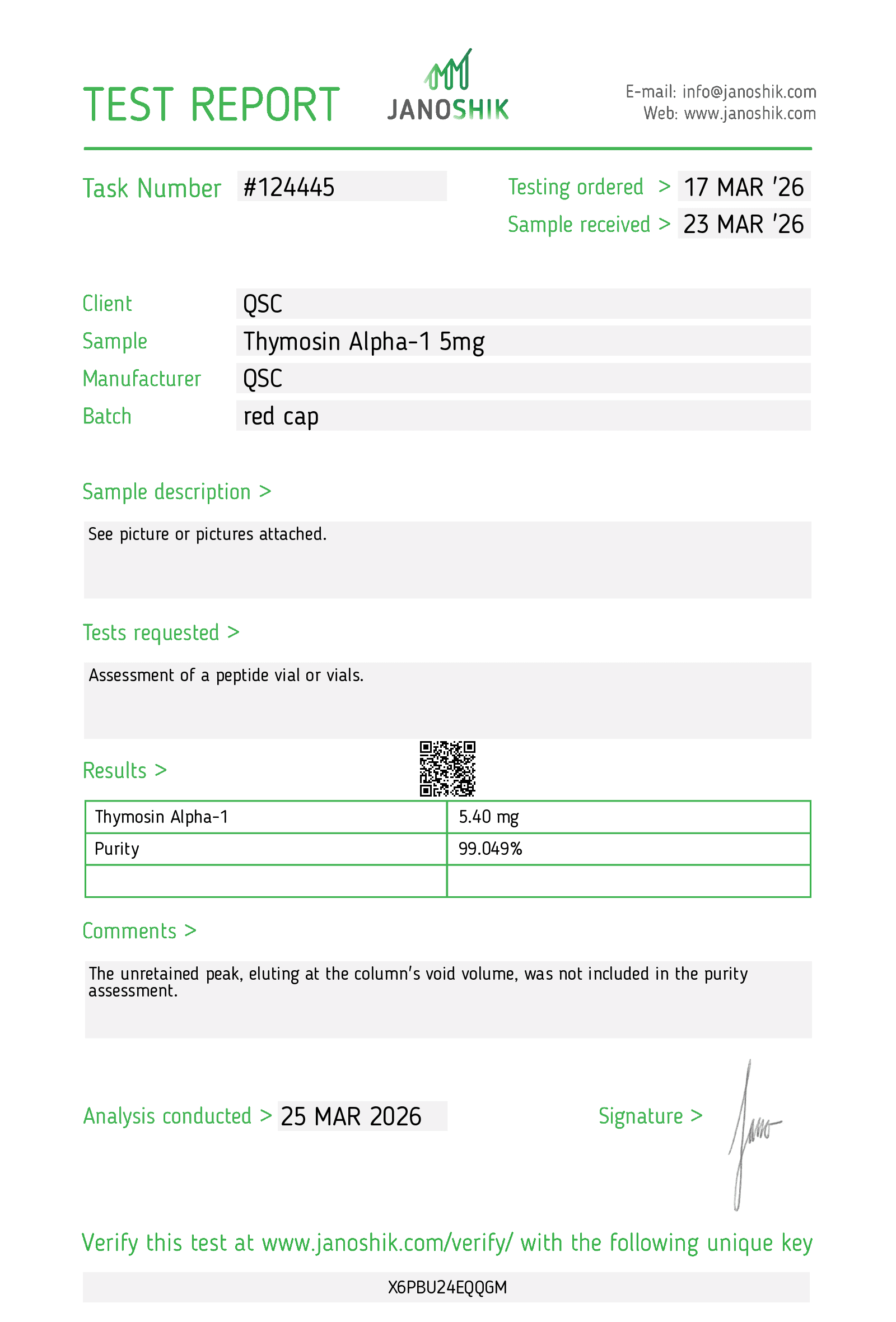 Thymosin Alpha-1 5mg | 10-Vial Kit | Immune Support Kit - Janoshik test report
