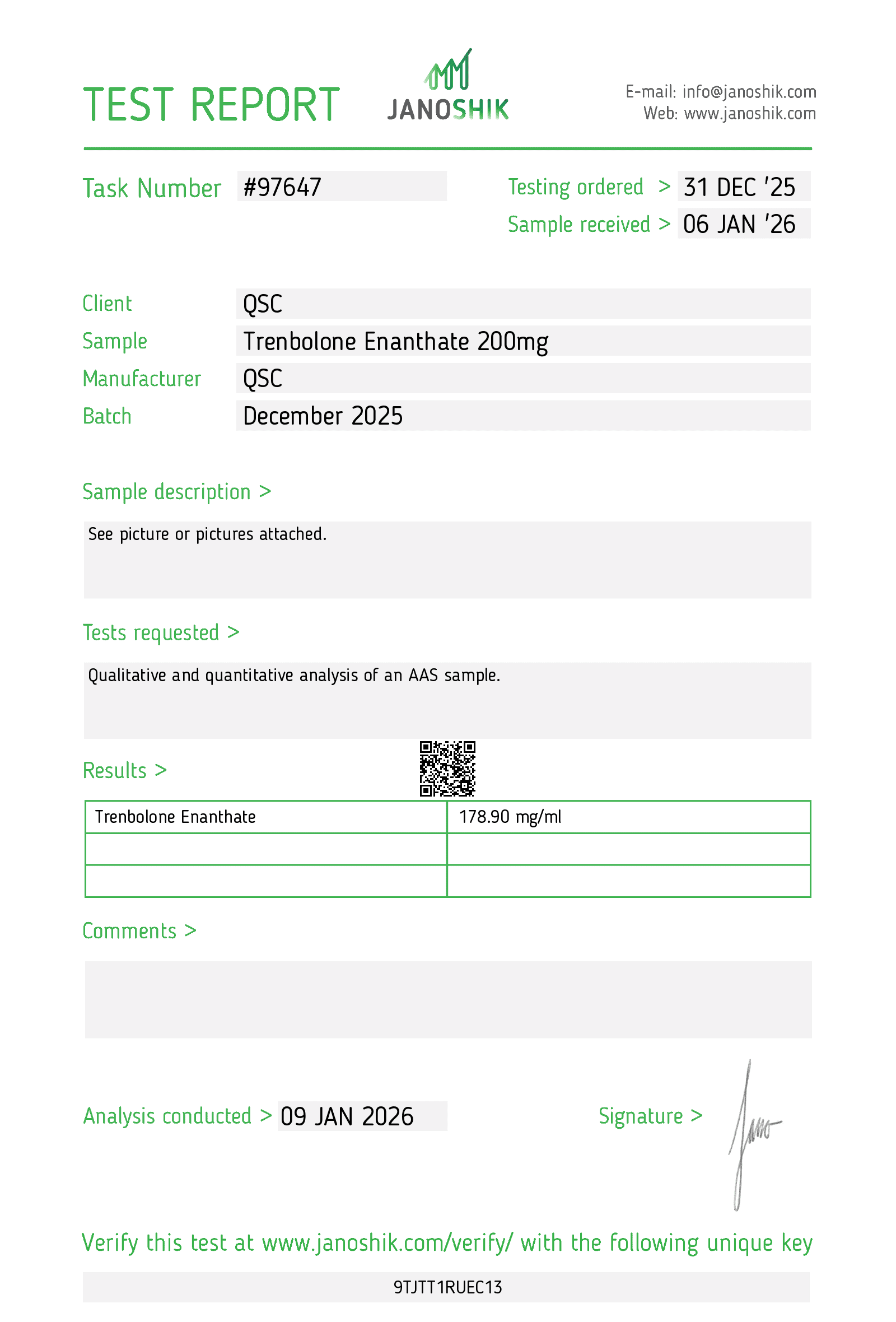 Trenbolone Enanthate 200mg/mL Injectable | 10-Vial Kit - Janoshik test report
