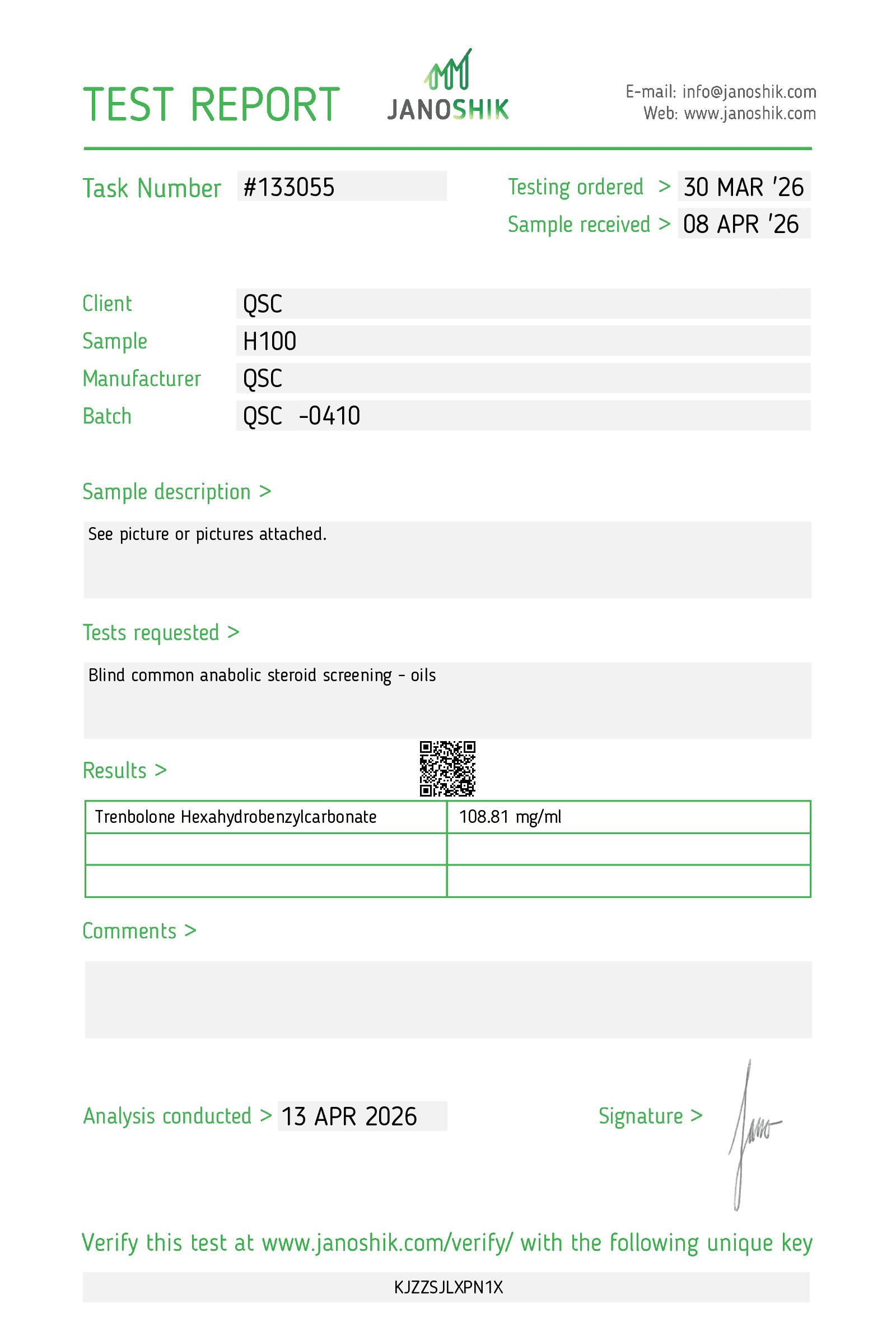 Trenbolone Hexahydrobenzylcarbonate 100mg/mL Injectable | 10-Vial Kit - Janoshik test report