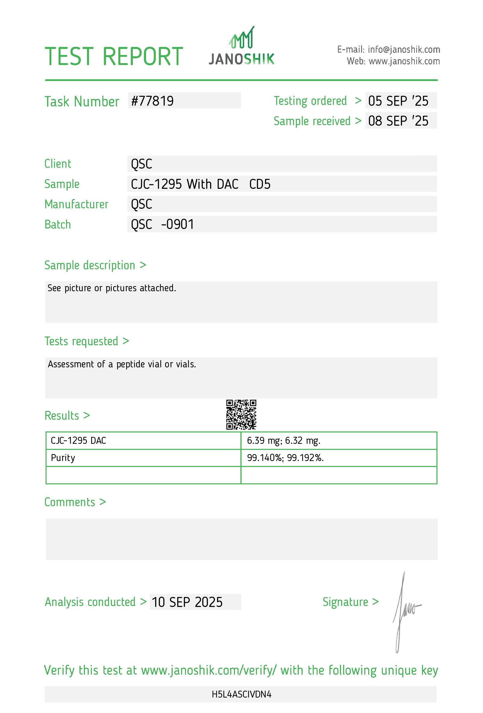 CJC-1295 (With DAC) 5mg | 20-Vial Kit | GHRH Analog - Janoshik test report