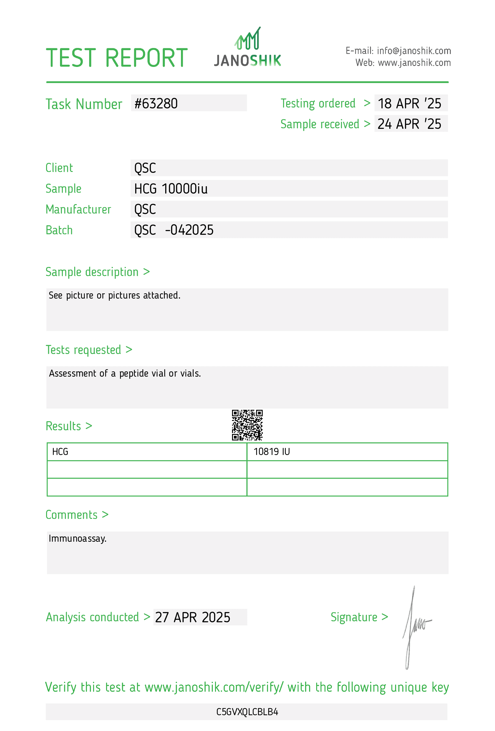 HCG 10000 IU | 20-Vial Kit - Janoshik test report