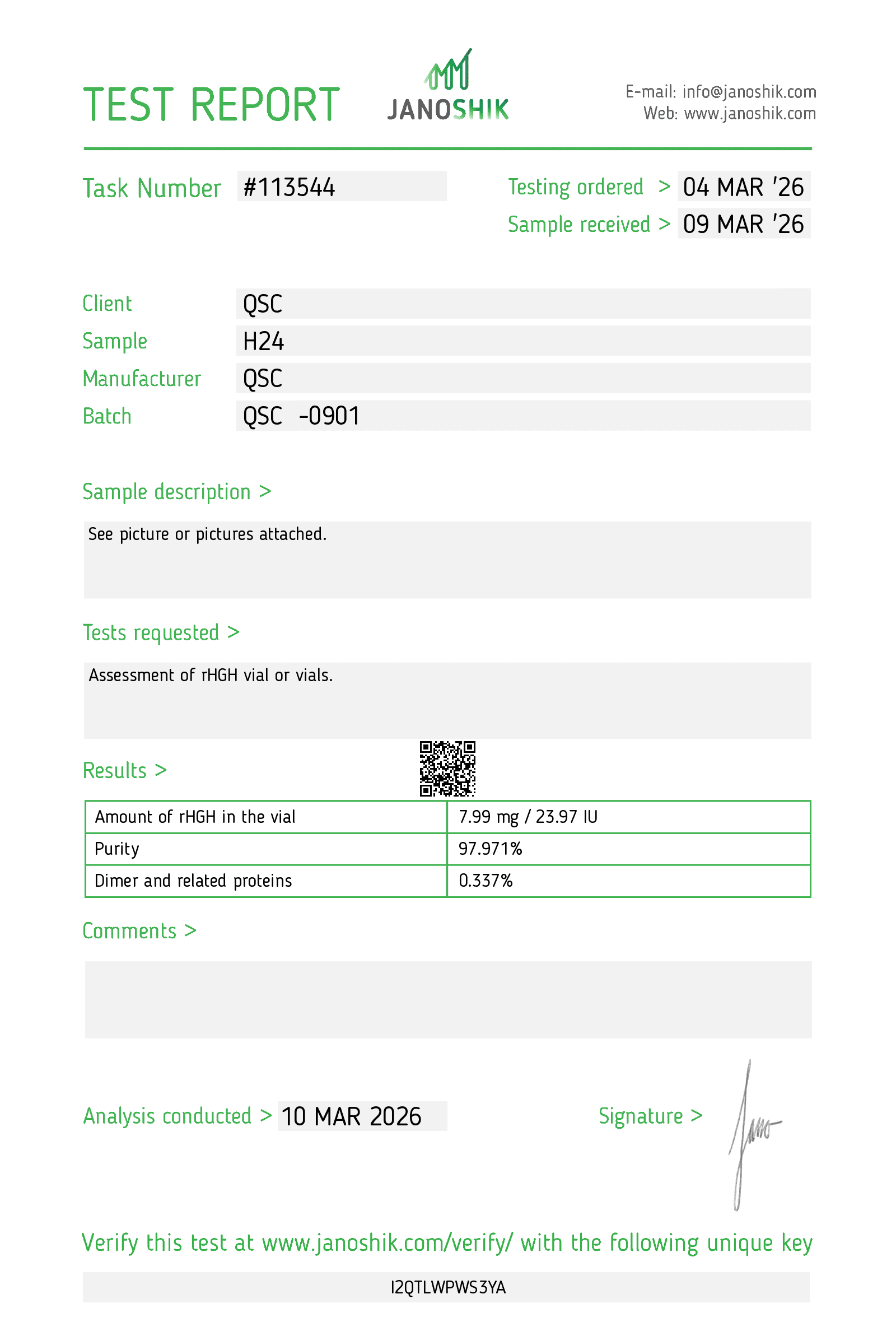 HGH 24 IU | 20-Vial Kit | 480 IU total | Human Growth Hormone Research - Janoshik test report