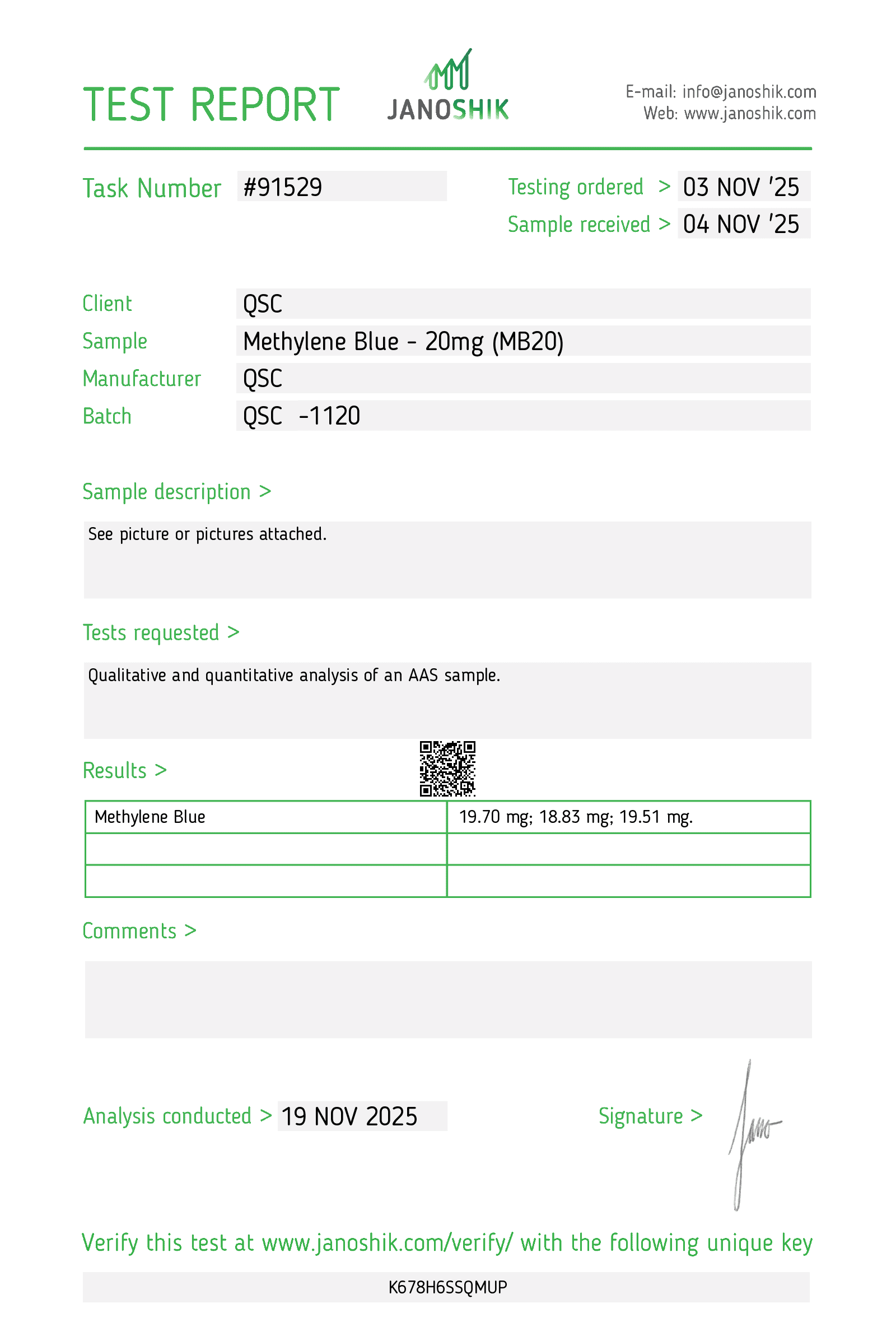 Methylene Blue 20mg Tablets | 100-Count | Methylene Blue - Janoshik test report