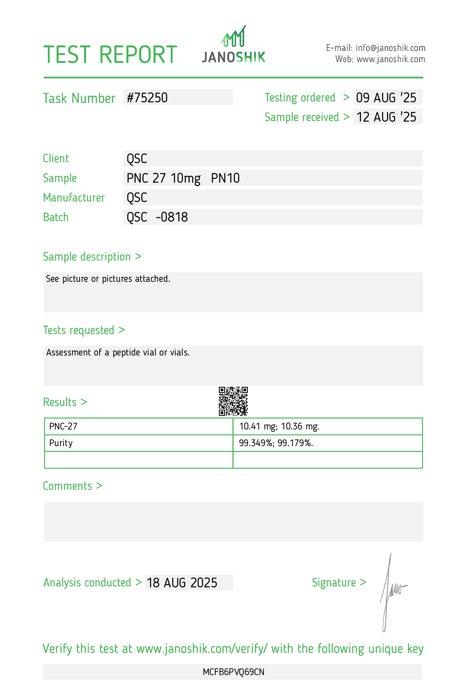 PNC-27 10mg | 10-Vial Kit | 100mg Total | Anticancer Peptide - Janoshik test report
