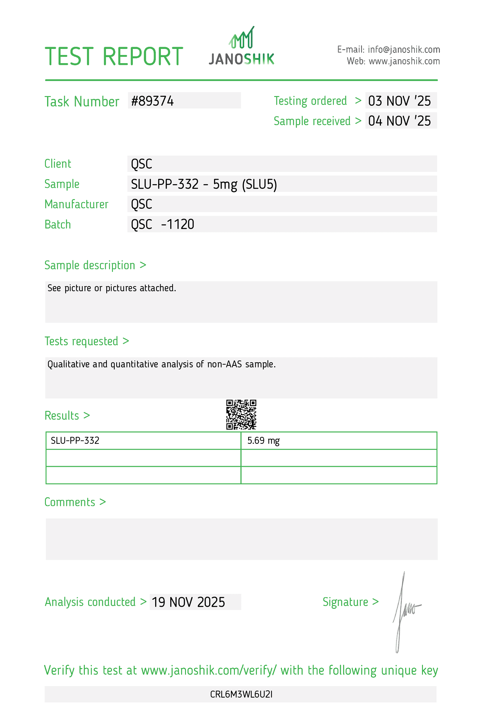 SLU-PP-332 5mg Tablets | 100-Count | ERR Agonist - Janoshik test report