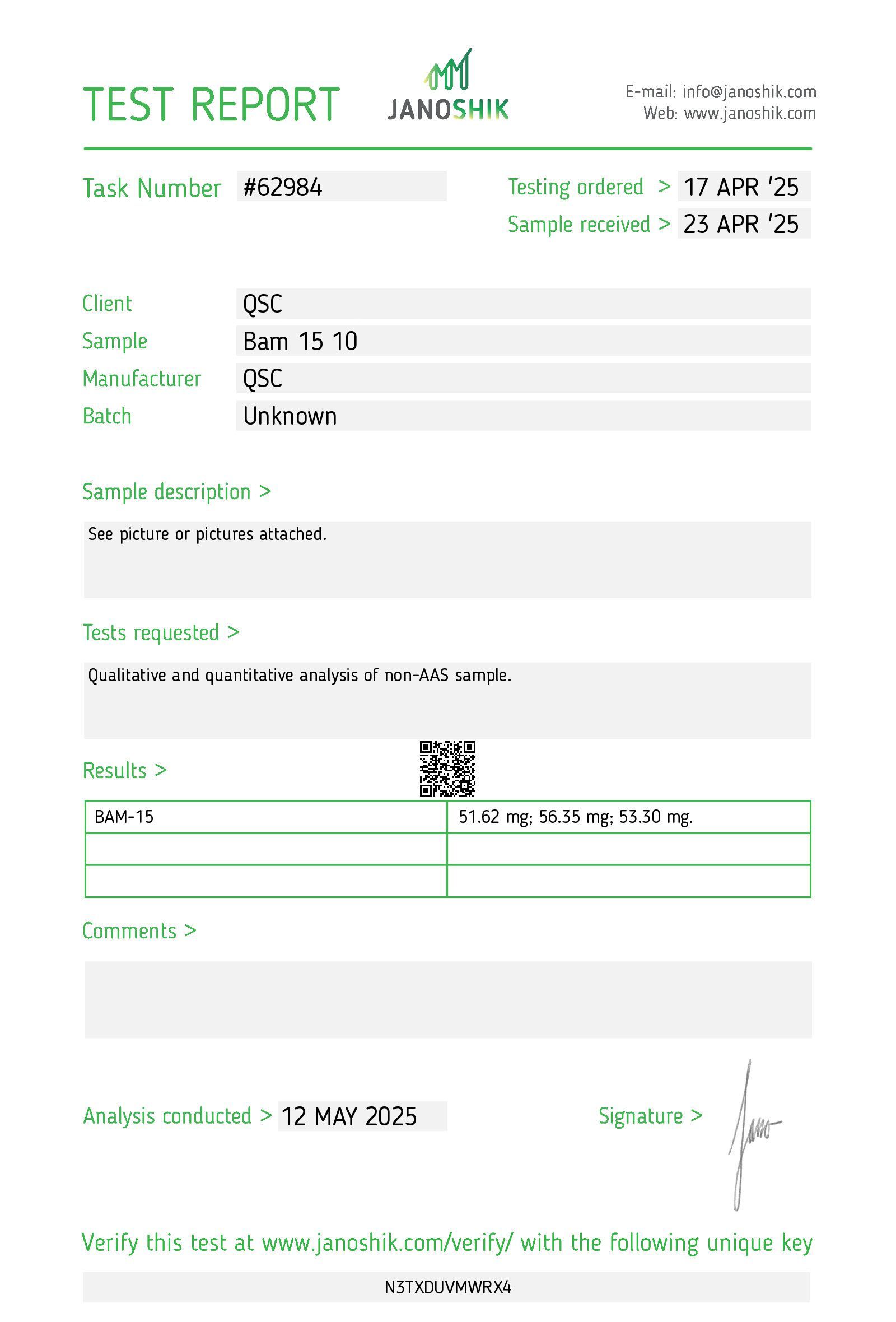 BAM15 50mg Tablets | 100-Count | Mitochondrial Uncoupler - Janoshik test report