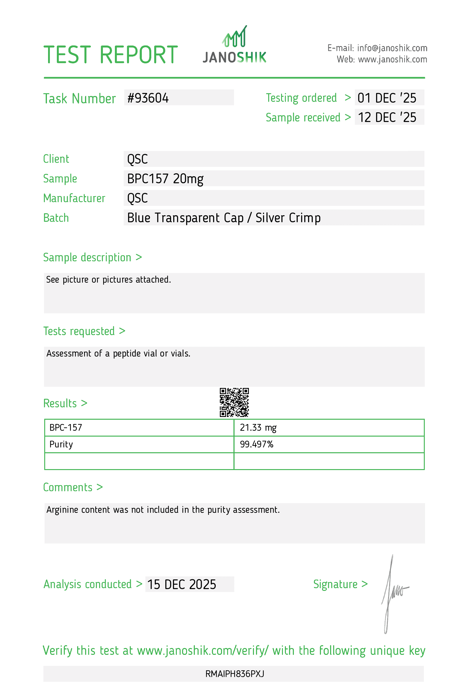 BPC-157 20mg | 20-Vial Kit | Gastric Pentadecapeptide - Janoshik test report