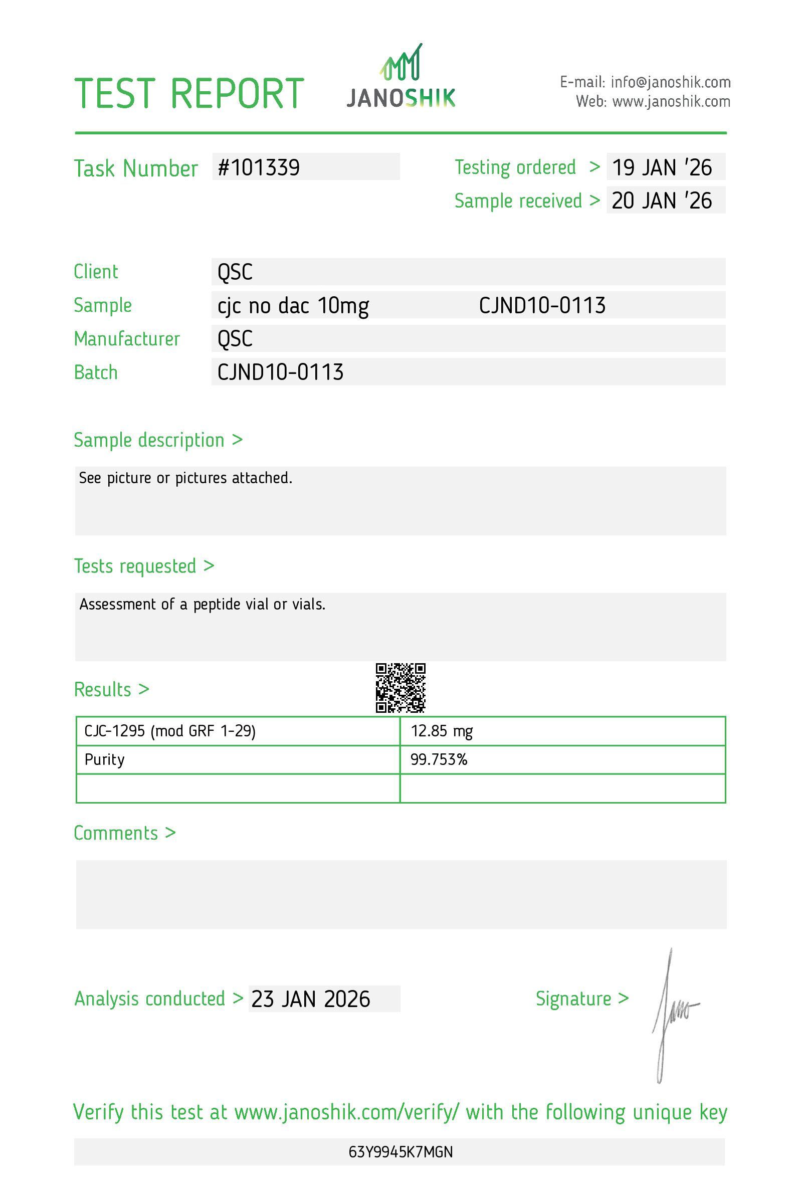 CJC-1295 (No DAC) 10mg | 20-Vial Kit | GHRH Analog - Janoshik test report