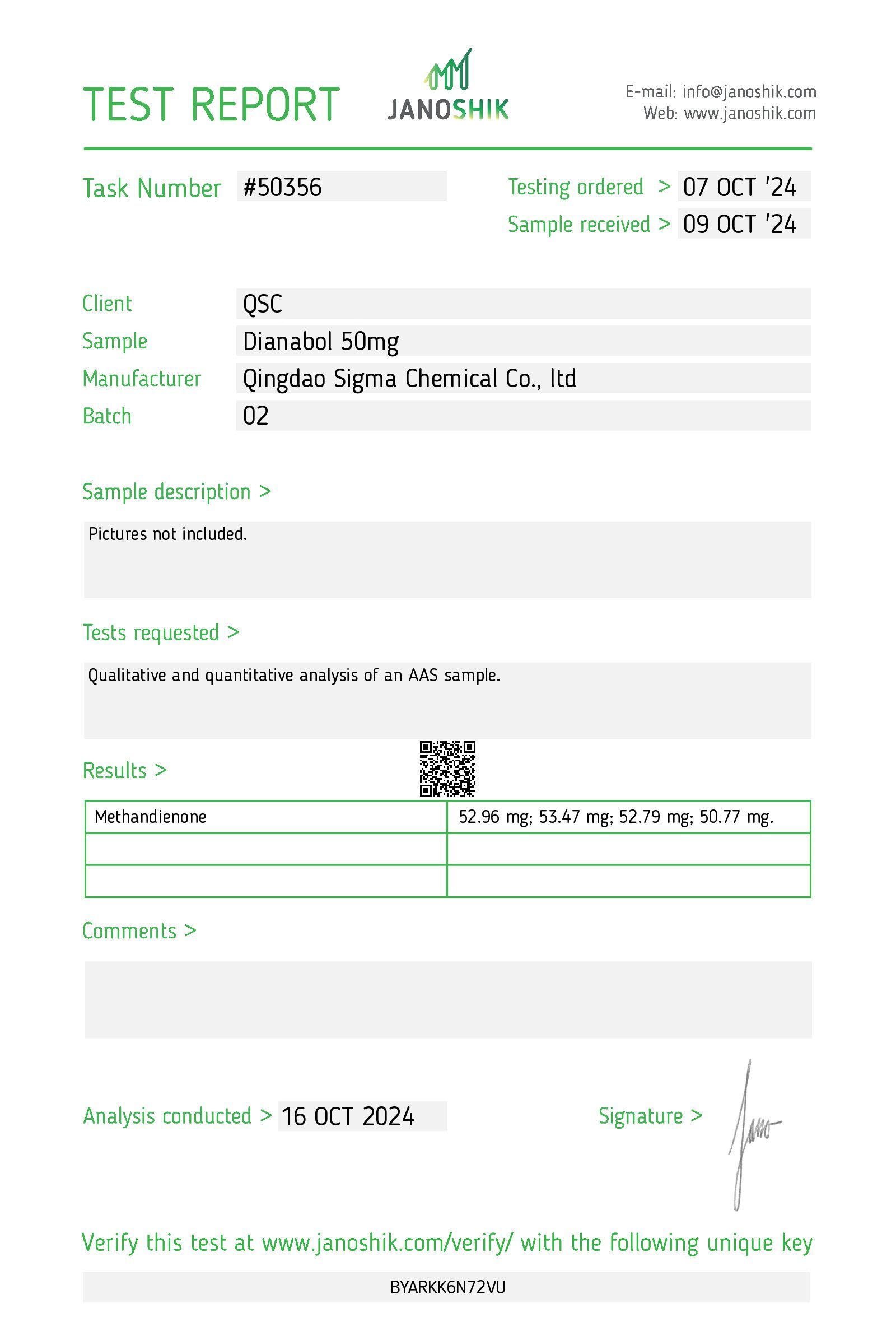 Dianabol 50mg Tablets | 100-Count | Methandrostenolone - Janoshik test report