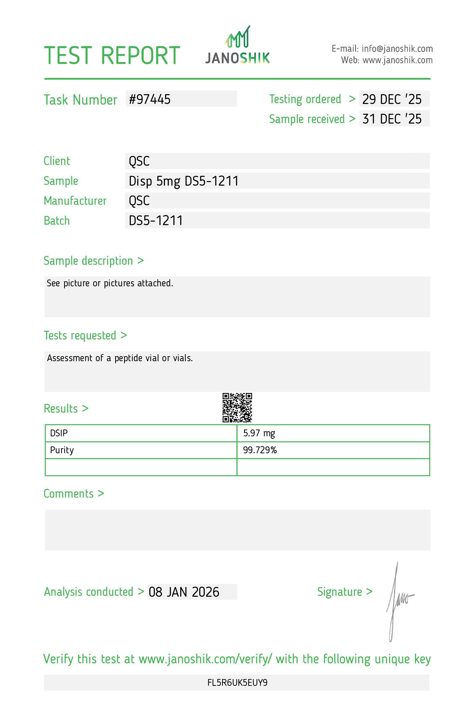 DSIP 5mg | 10-Vial Kit | Sleep Peptide Kit - Janoshik test report