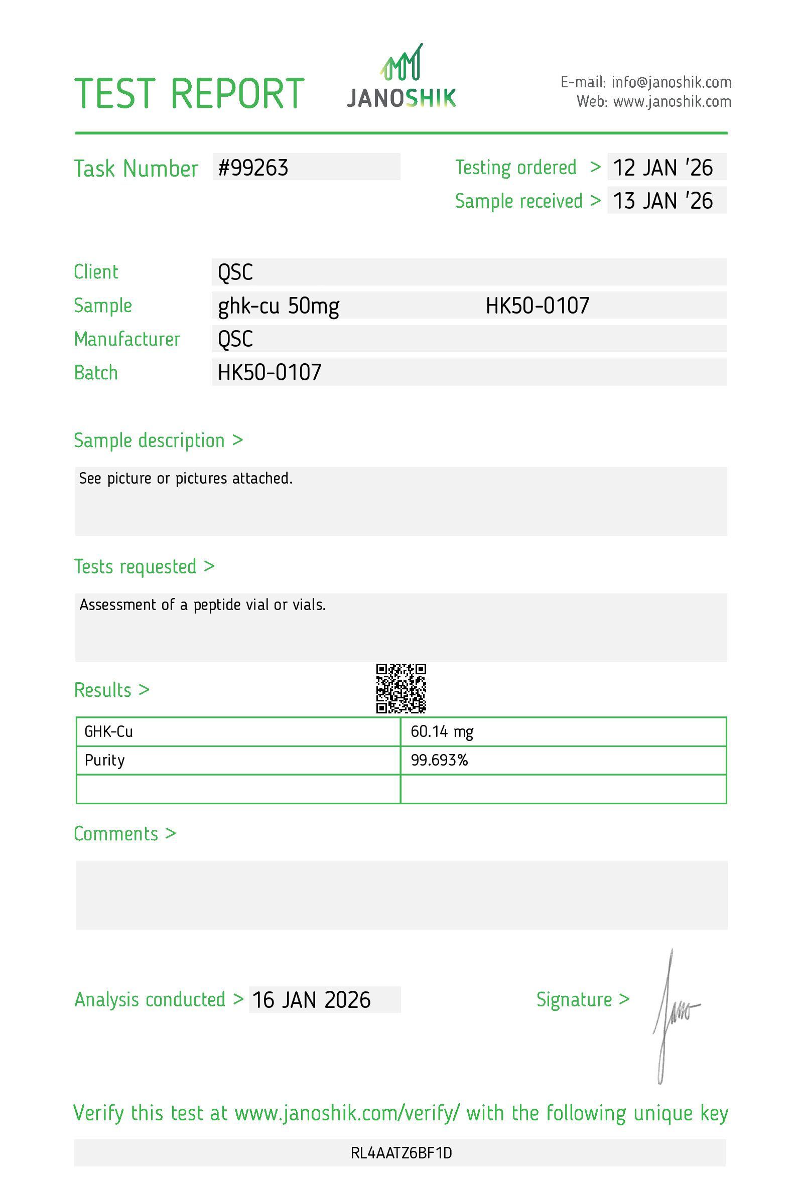 GHK-Cu 50mg | 20-Vial Kit | Collagen & Tissue Repair - Janoshik test report