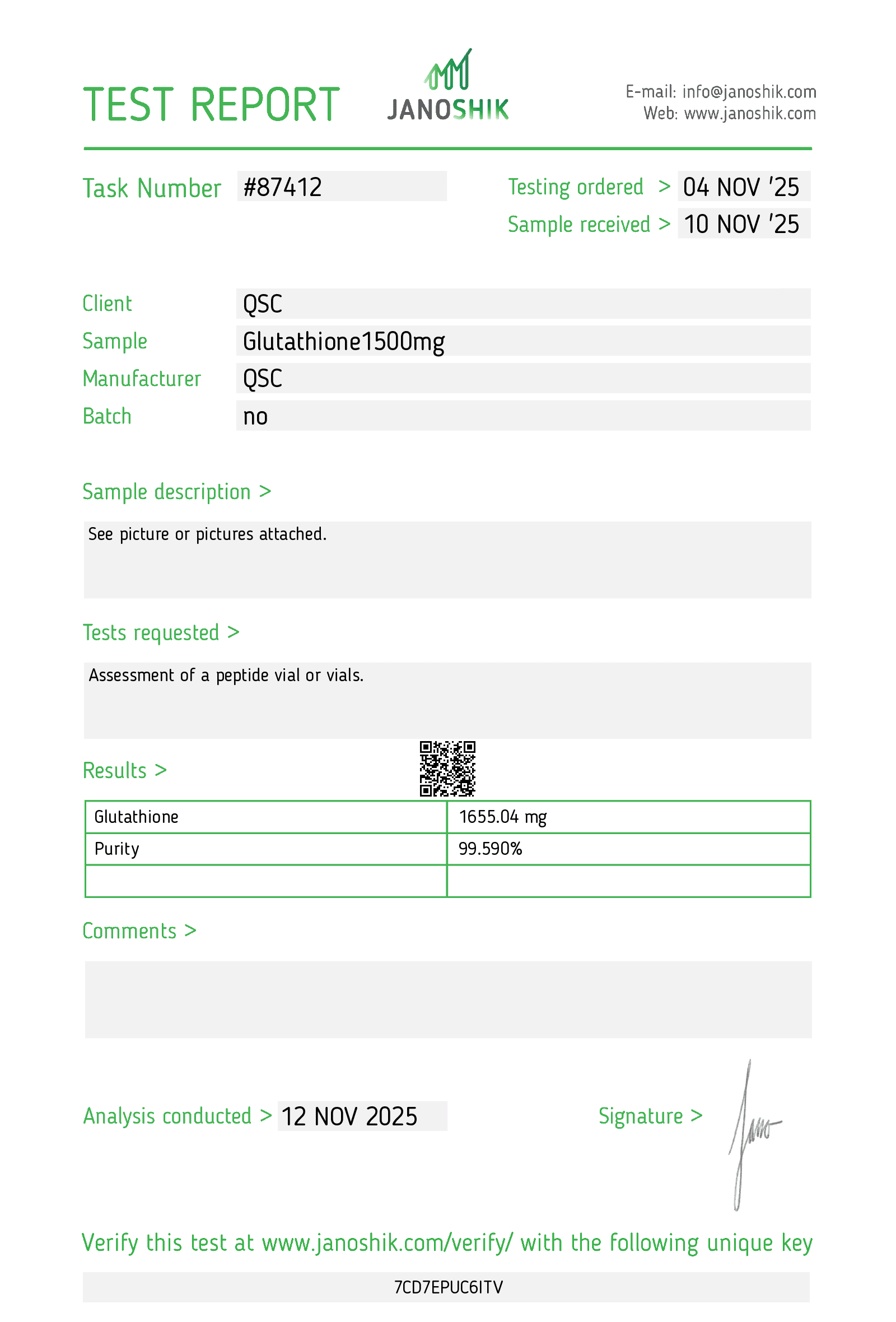 Glutathione 1500mg | 20-Vial Kit - Janoshik test report