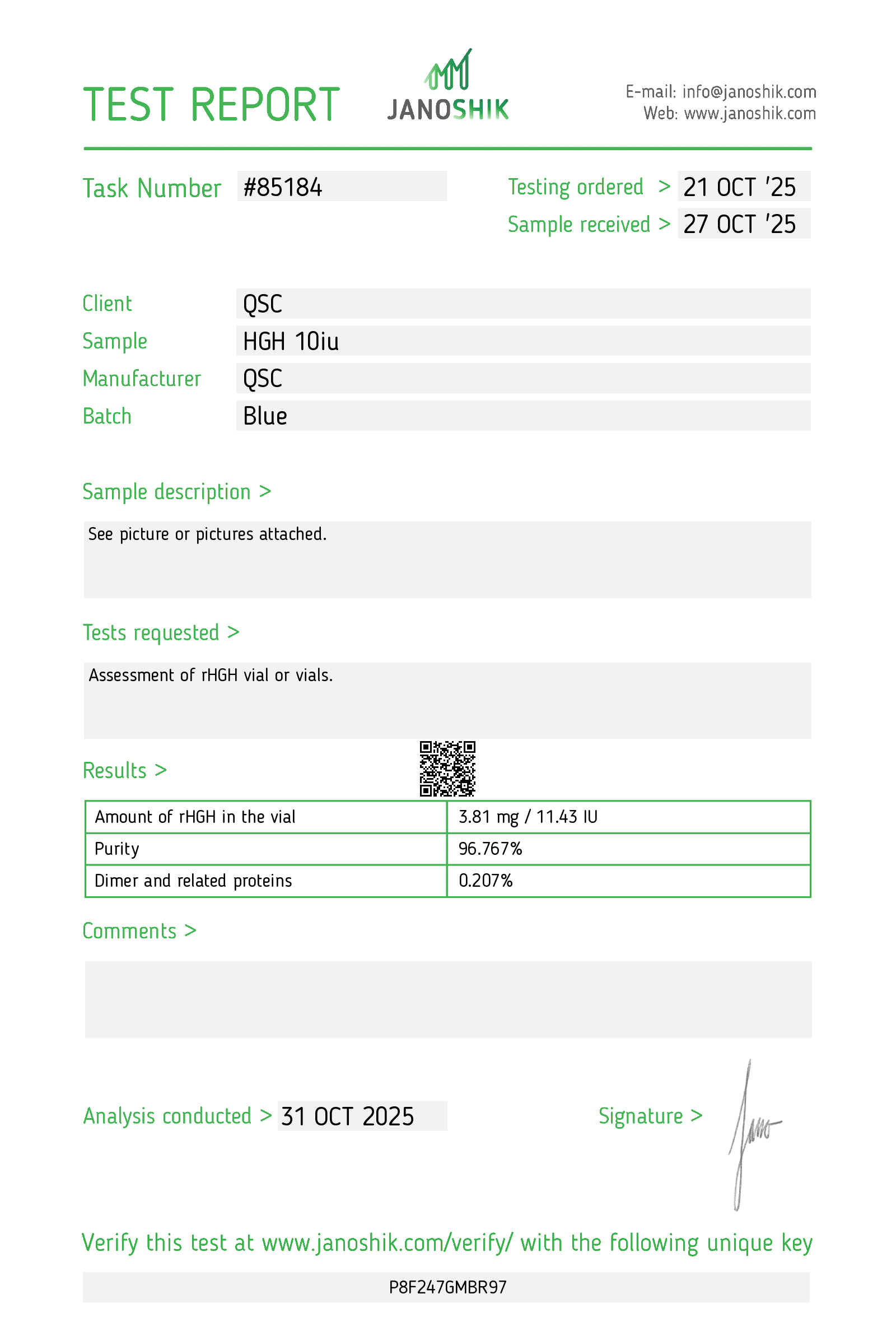 HGH 10 IU | 10-Vial Kit | 100 IU total | Human Growth Hormone Research - Janoshik test report