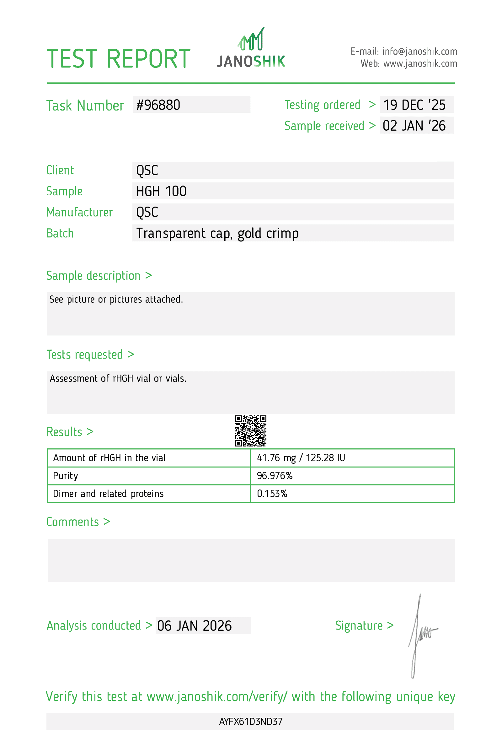 HGH 100 IU | 20-Vial Kit | HGH 191aa Research - Janoshik test report