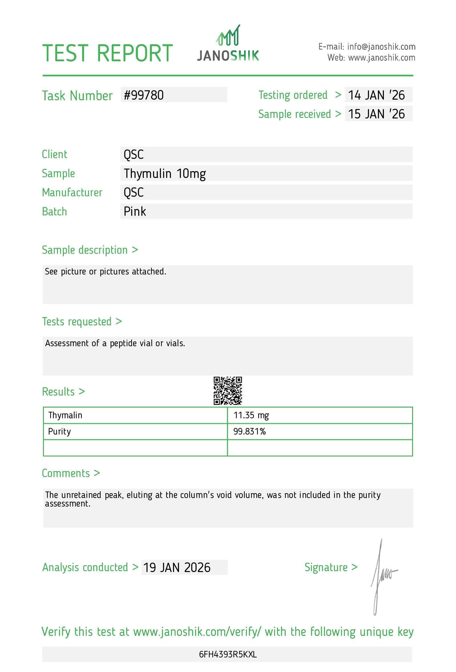 Thymalin 10mg | 10-Vial Kit | Thymus Peptide - Janoshik test report