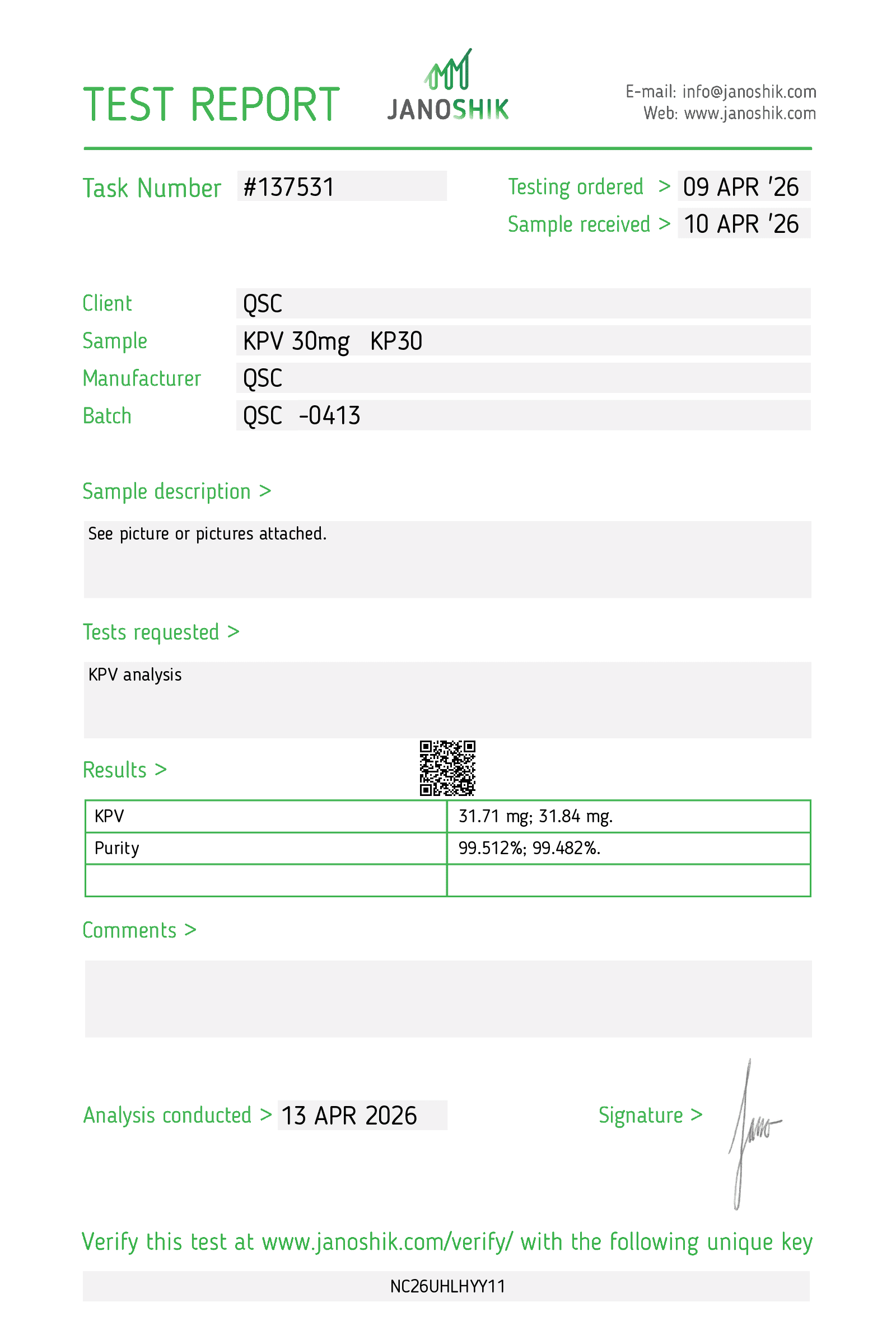 KPV 30mg | 20-Vial Kit | Anti-Inflammatory Tripeptide - Janoshik test report