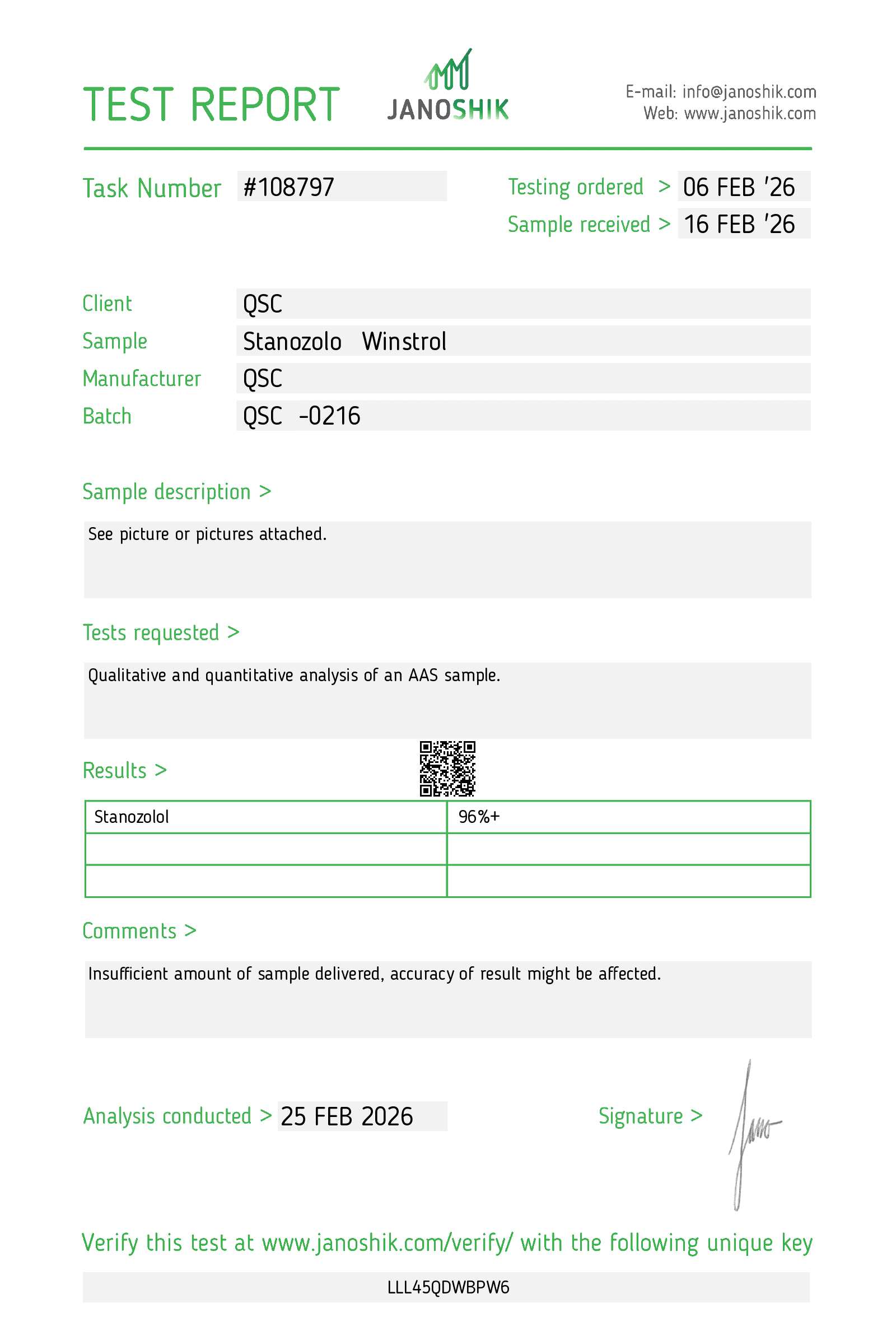 Stanozolol (Winstrol) 100G Raw Powder | Winstrol - Janoshik test report